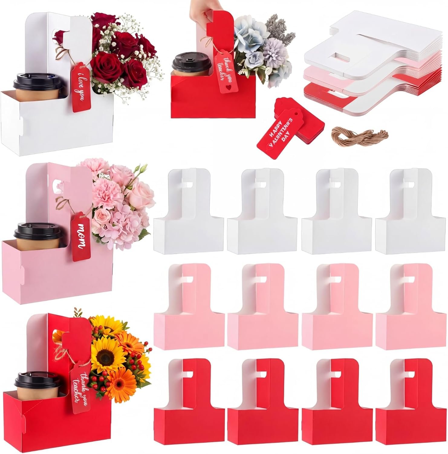 Logo Personalizzato Portabicchieri 2 Tazze con Manico Cartone Kraft Portatile per Bevande Calde Fredde con Carta Cuore Corda Marchio Bianco Confezione da 50 dal Fornitore (Bianco Rosa)