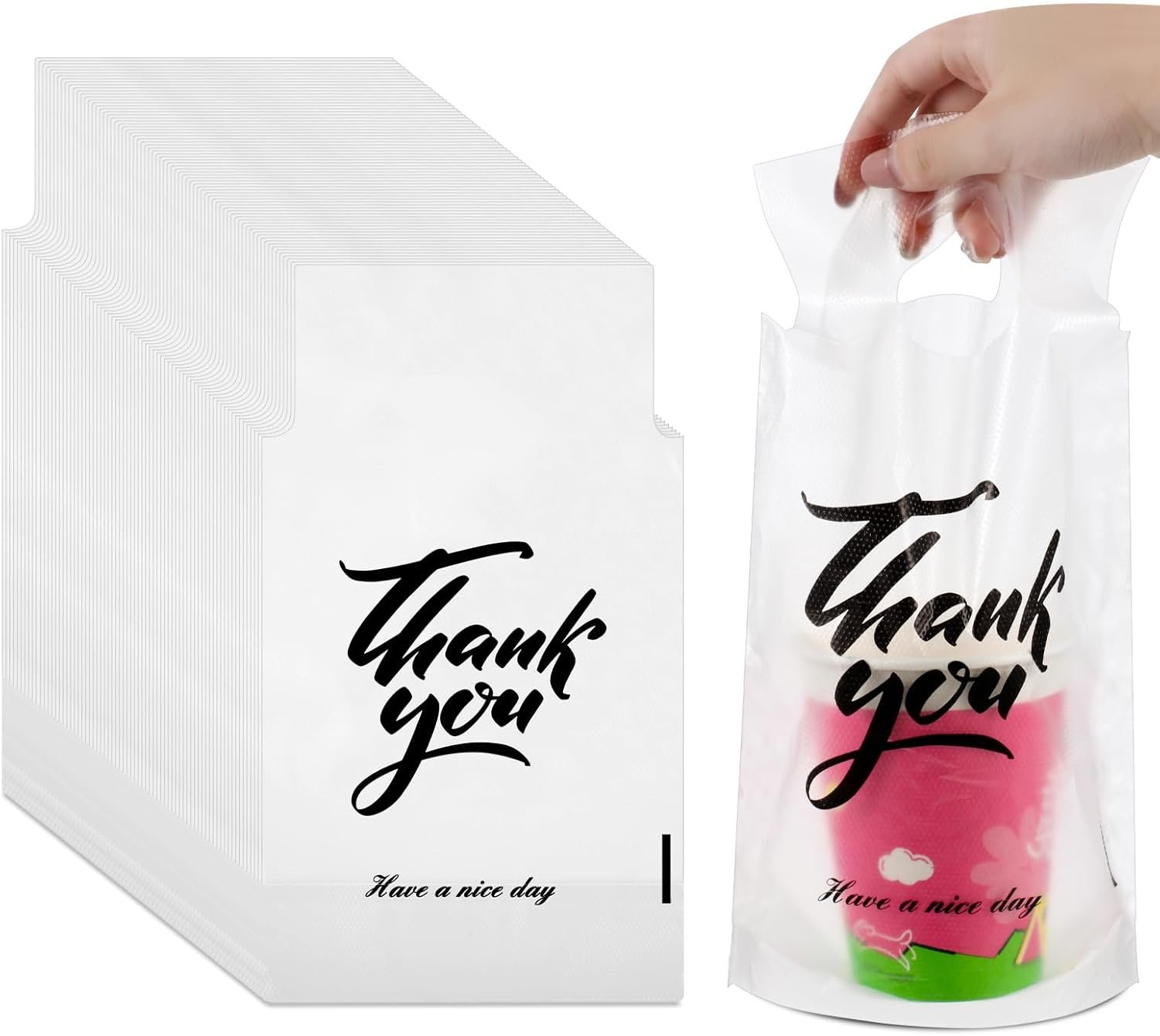 Logo Personalizzato Portabicchieri Trasparenti con Maniglia Thank You 500 Pz Monobicchiere per Delivery Asporto Bevande Bar Ristoranti Pasticcerie Marchio Bianco Produttore