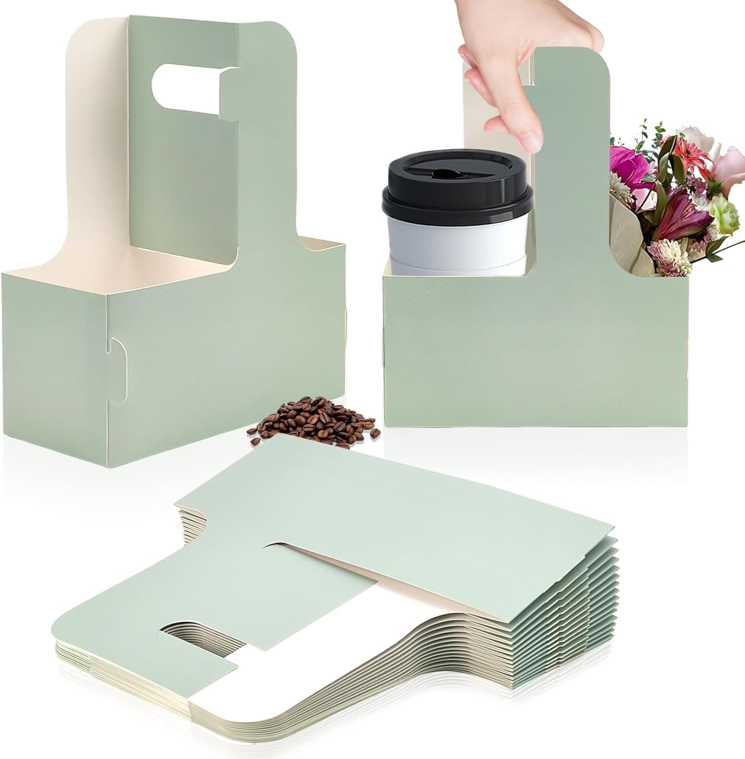 Logo Personalizzato Portatazza Usa e Getta per 2 Bicchieri con Maniglia Verde 15 Pezzi per Bevande Calde/Fredde Caffè Consegne da Produttore Marchio Bianco
