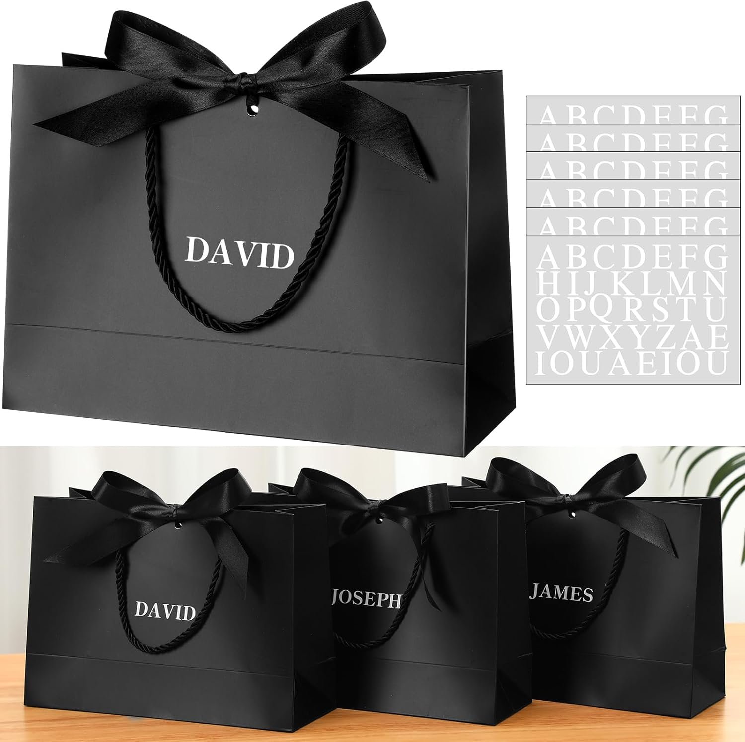 Logo Personalizzato Sacchetti Regalo Neri Confezione da 6 Personalizzati per Testimoni di Nozze con Adesivi Nome Maniglia Fiocco Nastro 5 Sensi Benvenuto Matrimonio Proposta Addio Celibato Compleanno Fornitore all'Ingrosso Marchio Bianco
