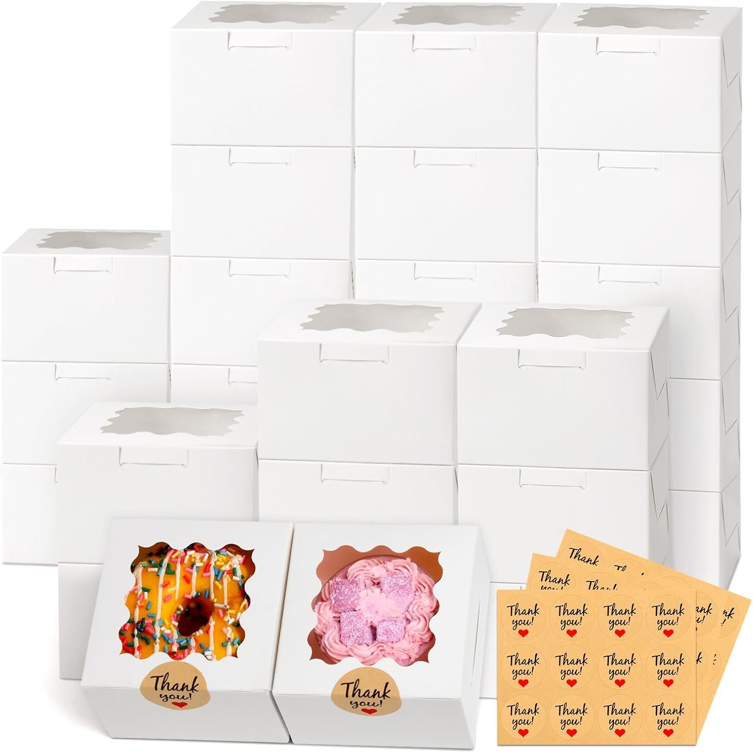 Logo Personalizzato Scatole per Biscotti Bianche con Finestra 26 pz 4x4x2.5 pollici piccole da pasticceria con 36 pz adesivi per torte mini dolcetti ciambelle macaron fragole cioccolato cupcakes caramelle Marchio Bianco Fornitore
