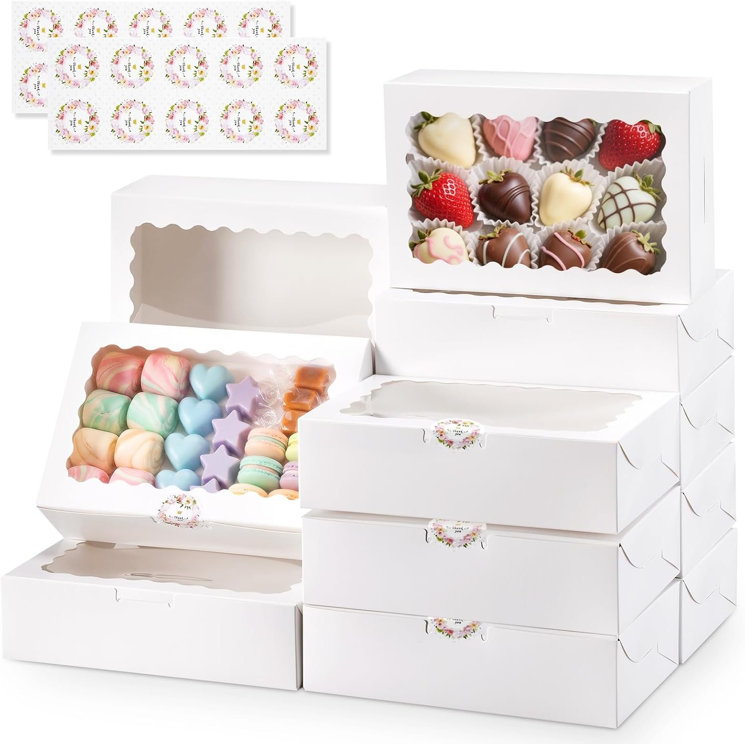 Logo Personalizzato Scatole per Biscotti con Finestra 20 pz 9x6x2.5 pollici Bianche per Dolci Pasticceria Donut Fragole Ricoperte Cioccolato dal Produttore Imballaggio Prodotti da Forno Marchio Bianco Regali Festivi
