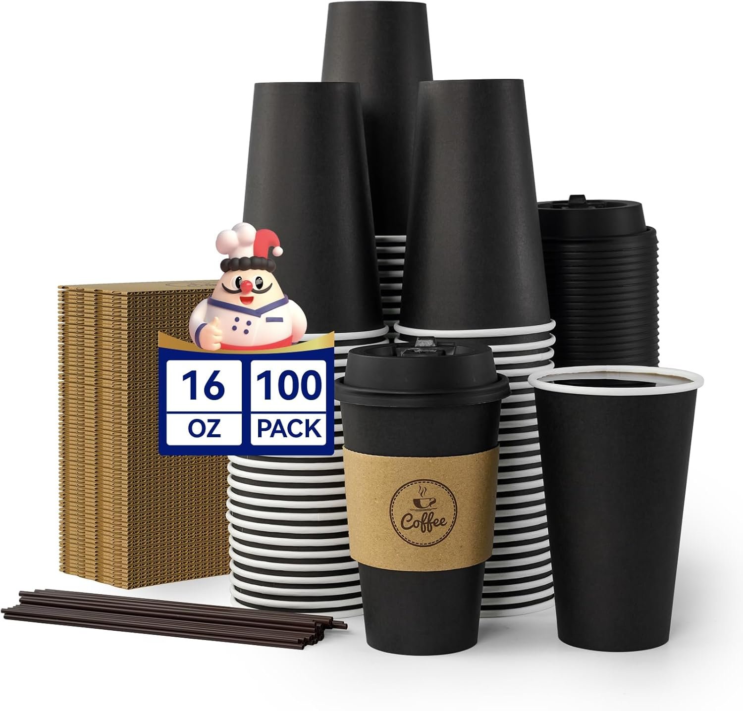 Logo Personalizzato Tazze da Caffè 16 oz Marchio Bianco 100 pz Monouso Nere in Carta per Bevande Calde con Coperchi Manicotti e Bastoncini dal Produttore