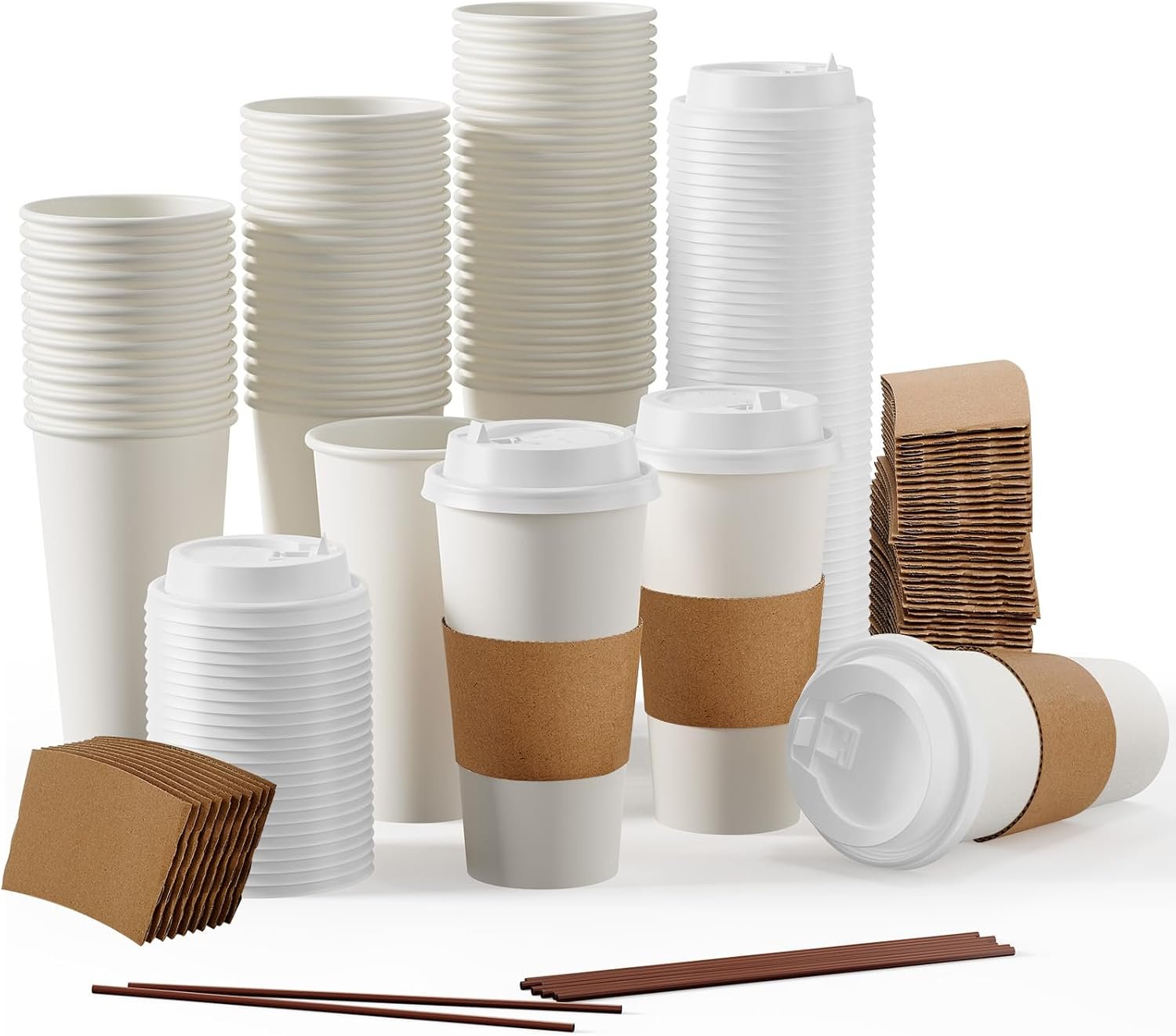 Logo Personalizzato Tazze da Caffè in Carta 20 oz Monouso con Coperchi Manicotti Bastoncini [50 pz] Marchio Bianco per Bevande Calde Fredde Acqua Succo Tè Fornitore Casa Negozi Cafè