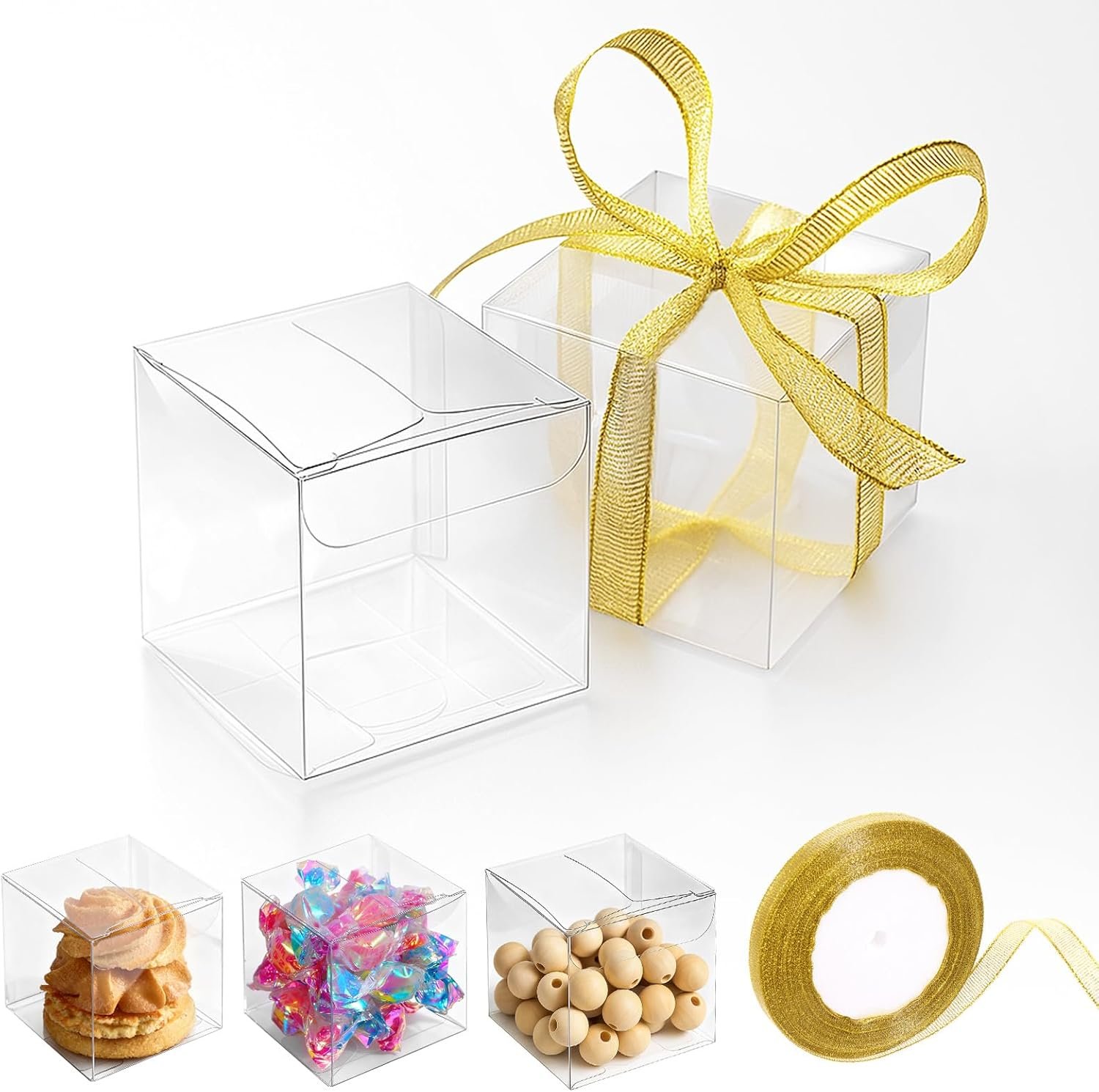 Marchio Bianco 200 Pezzi Scatoline Trasparenti Cubo 2x2x2 Pollici con Nastri Mini Contenitori Caramelle Plastica per Macaron Nozze Baby Shower Compleanno Festa Logo Personalizzato dal Produttore