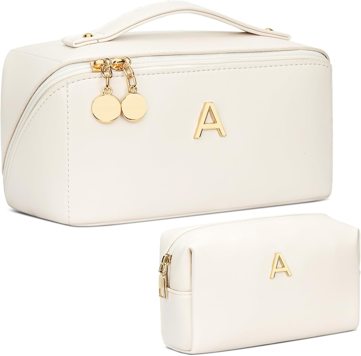 Marchio Bianco Borse Organizzatore Trucco con Iniziale, Set Regali Compleanno Donne Ragazze Adolescenti Borsa Cosmetica Viaggio Aperta Piatta con Logo Personalizzato Divisore Trasparente Maniglia Beige A Fabbrica