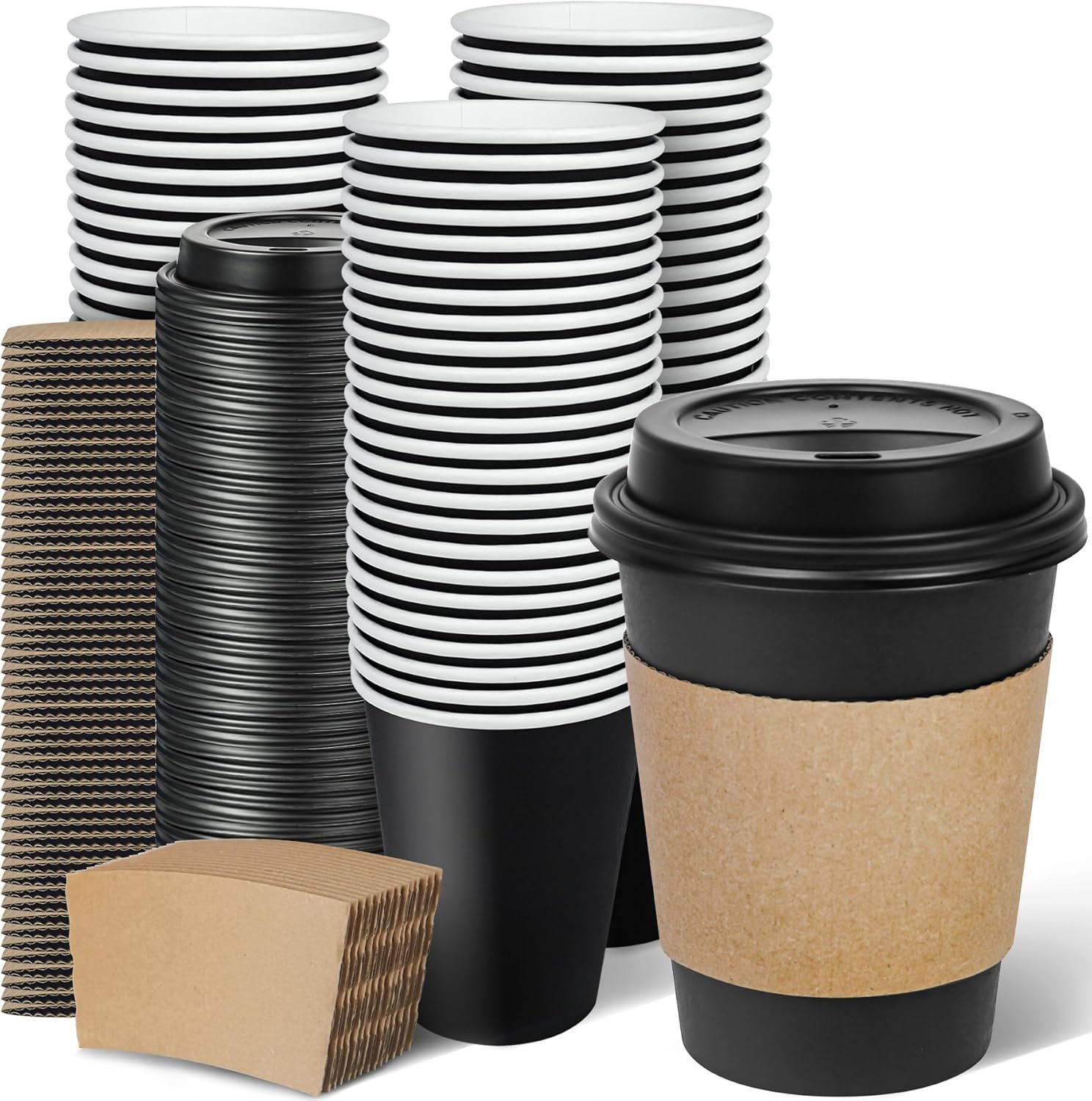 Marchio Bianco: Confezione da 100 Tazze Caffè Monouso 12 oz con Coperchi e Manicotti Neri a Prova di Perdite - Logo Personalizzato per Picnic Feste Viaggi Uffici e Bar Caffè dal Produttore