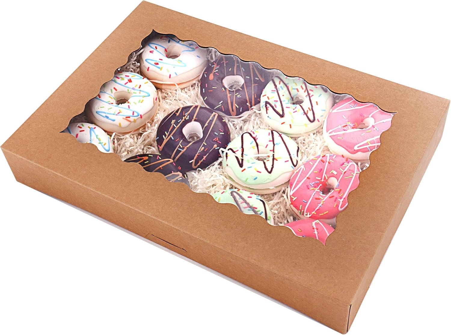 Marchio Bianco Confezione da 20 Scatole Pop-Up Pasticceria 16 x 11 x 2.5 pollici con Finestra per 12 Donuts per Torte Biscotti Muffin Pasticcini Marrone Fornitore Logo Personalizzato