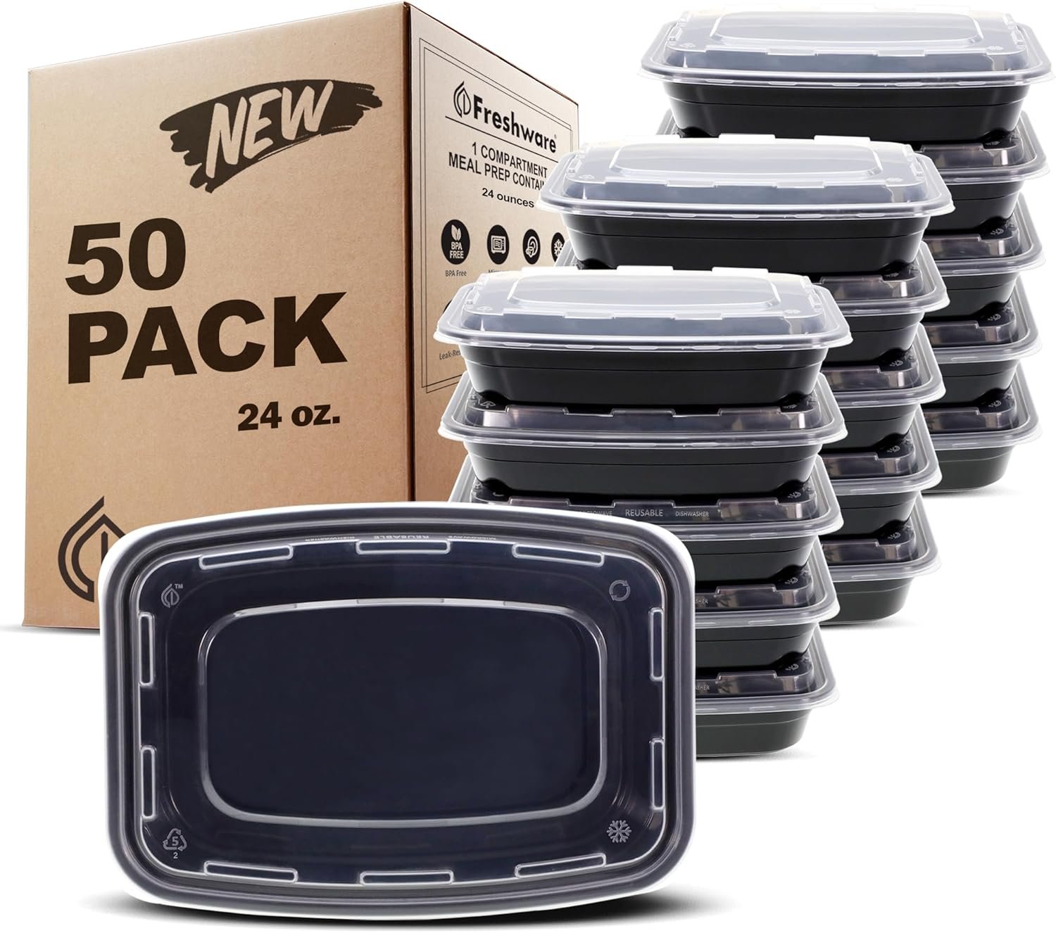 Marchio Bianco Contenitori Meal Prep [50 Pezzi] 1 Comparto con Coperchi con Logo Personalizzato Senza BPA Impilabili Adatti Microonde/Lavastoviglie/Congelatore dal Fornitore (24 oz)