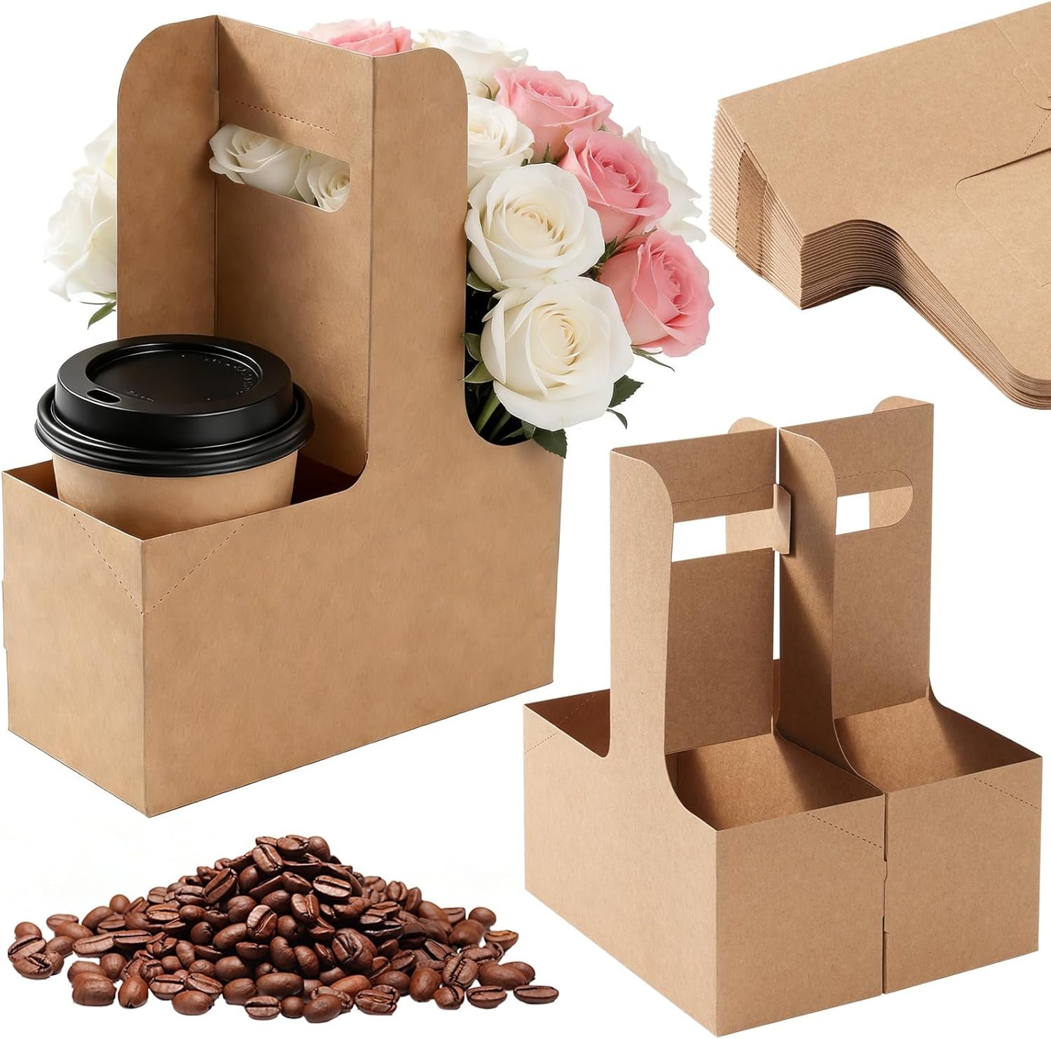 Marchio Bianco Portabevande 2 Tazze 100 Pz con Maniglia Monouso Pieghevole Cartone Kraft Logo Personalizzato per Bevande Calde Fredde Consegne Cibo Fornitore