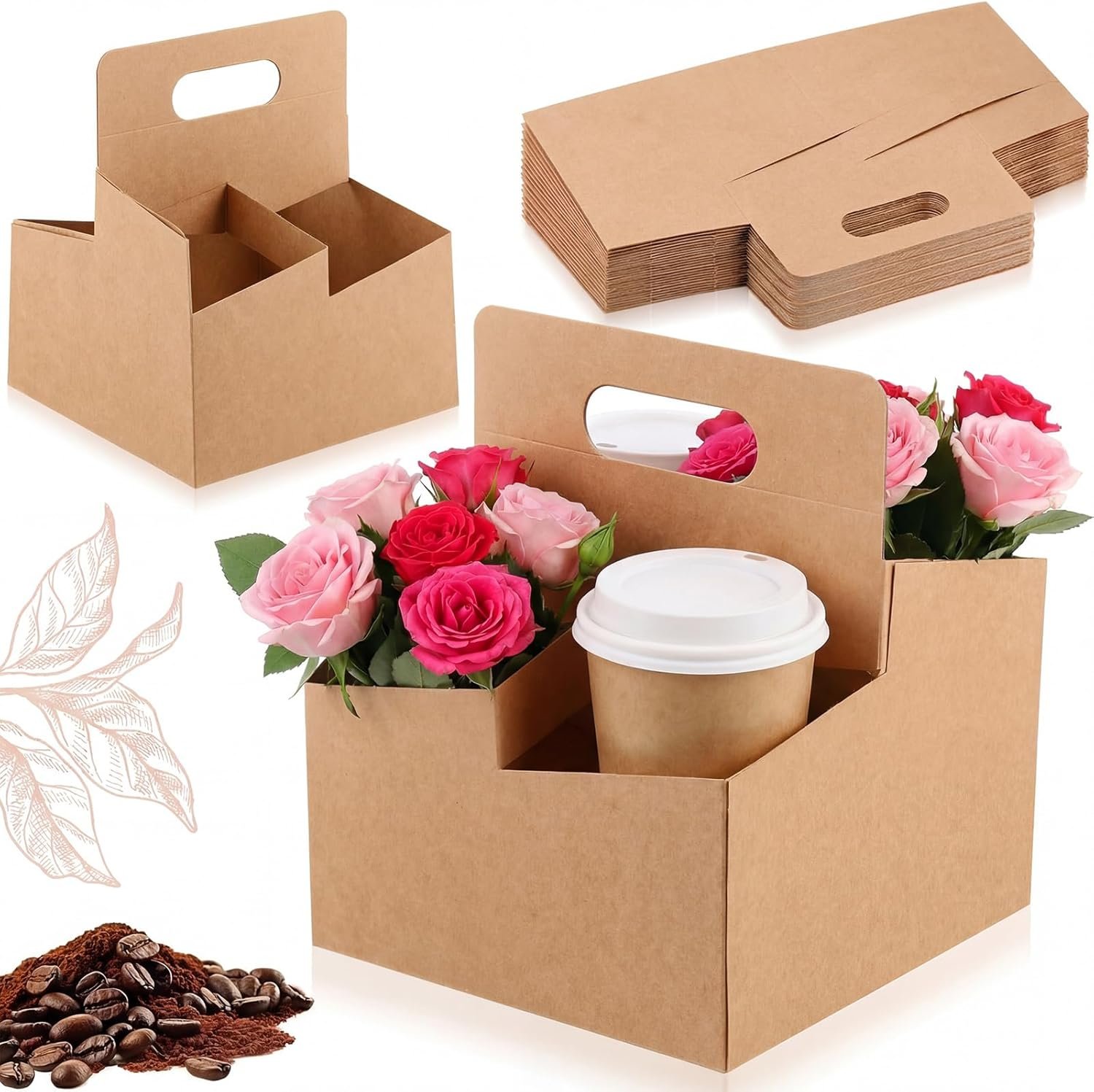 Marchio Bianco Portabevande 4 Tazze con Maniglia 50 Pezzi Cartone Kraft Monouso per Consegne Cibo, Logo Personalizzato Festa della Mamma Bevande Calde Fredde Caffè To Go, Produttore Portatazza Regali Fiori