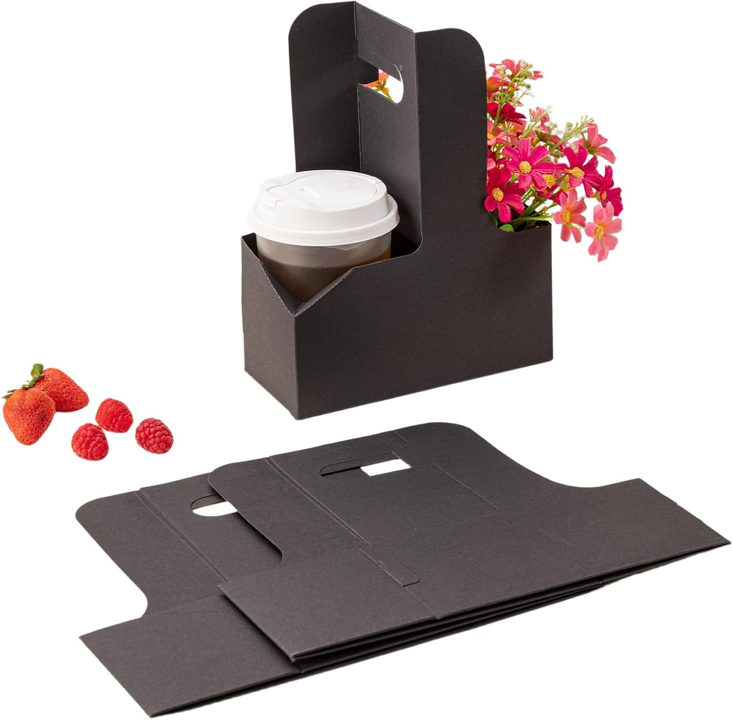 Marchio Bianco Portabicchieri 2/4 Tazze con Maniglia da Produttore Cartone Kraft Robusto Nero Monouso per Bevande Calde/Fredde Consegne Asporto Feste Logo Personalizzato Confezione 6