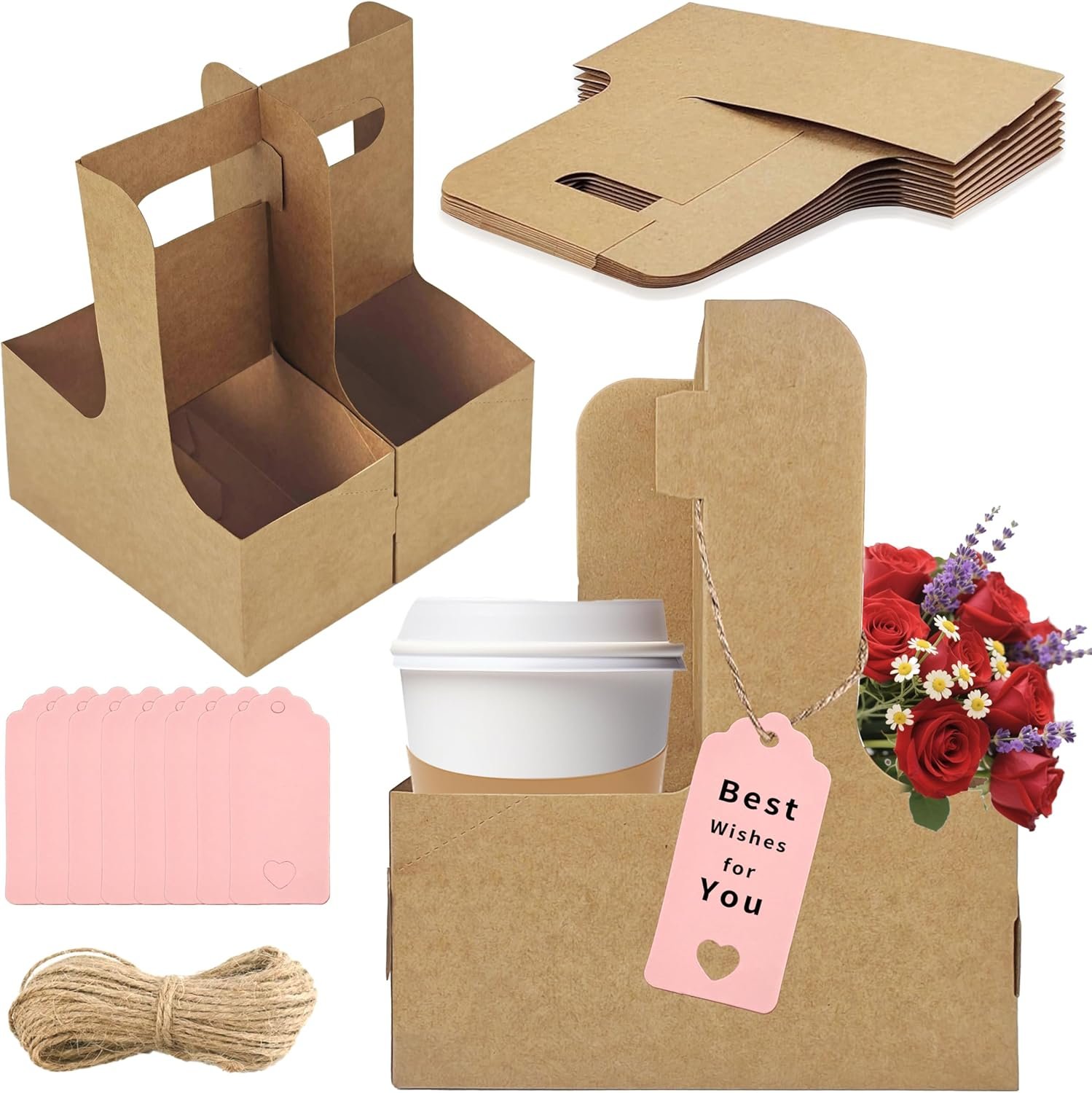Marchio Bianco Portatazza 2 Tazze con Maniglia Confezione da 8 in Cartone Kraft per Bevande Calde o Fredde con Nastro e Biglietto Logo Personalizzato per Consegne Pasti e Bouquet dal Produttore
