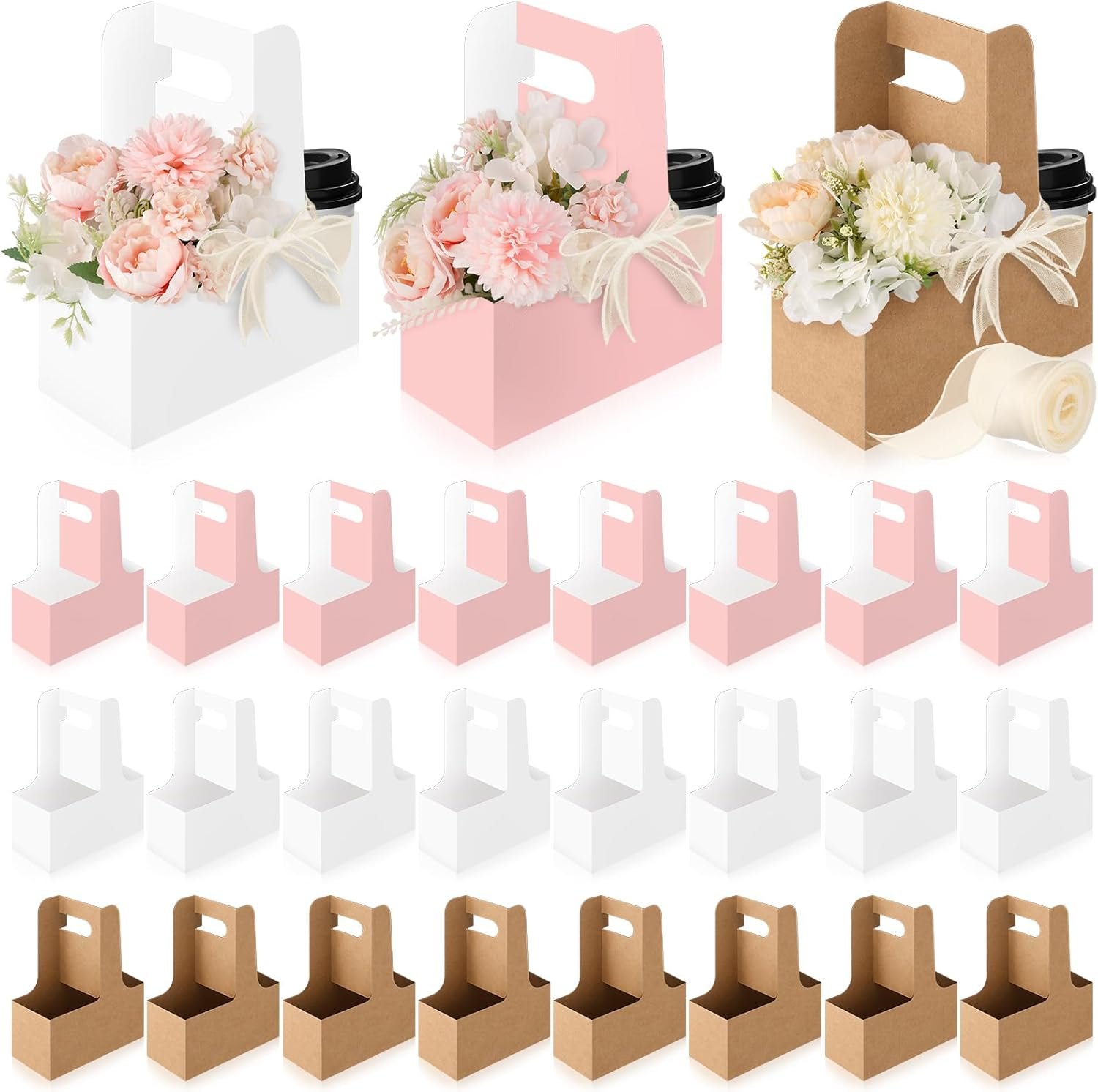 Marchio Bianco Sacchetti Regalo Fiore Carta Kraft 24 Pezzi Portabevande Monouso con Manico 2 Bicchieri Logo Personalizzato per Festa della Mamma Nozze Compleanno dal Fornitore Multicolore