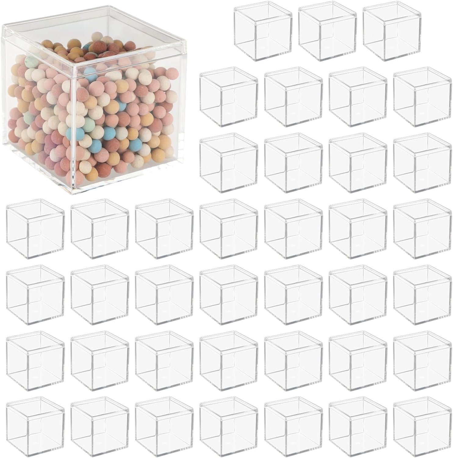 Marchio Bianco Scatole Acriliche Trasparenti 40 Pezzi Piccole Quadrate 5,6 x 5,6 x 5,6 cm con Coperchi per Caramelle Pillole Orecchini Gioielli Perline con Logo Personalizzato Fabbrica