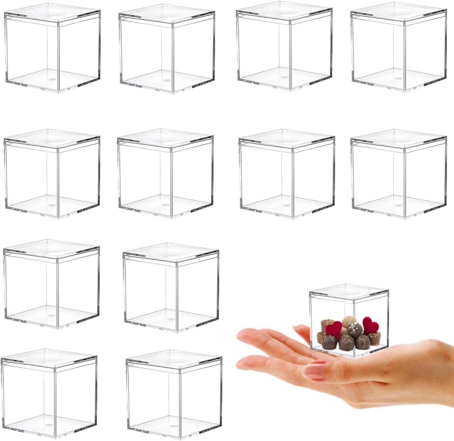 Marchio Bianco Scatole Acrilico Piccole Trasparenti con Coperchio 12 Pezzi Logo Personalizzato per Caramelle Display Cubo Quadrato Decorazioni Matrimonio Compleanno Laurea Feste Produttore