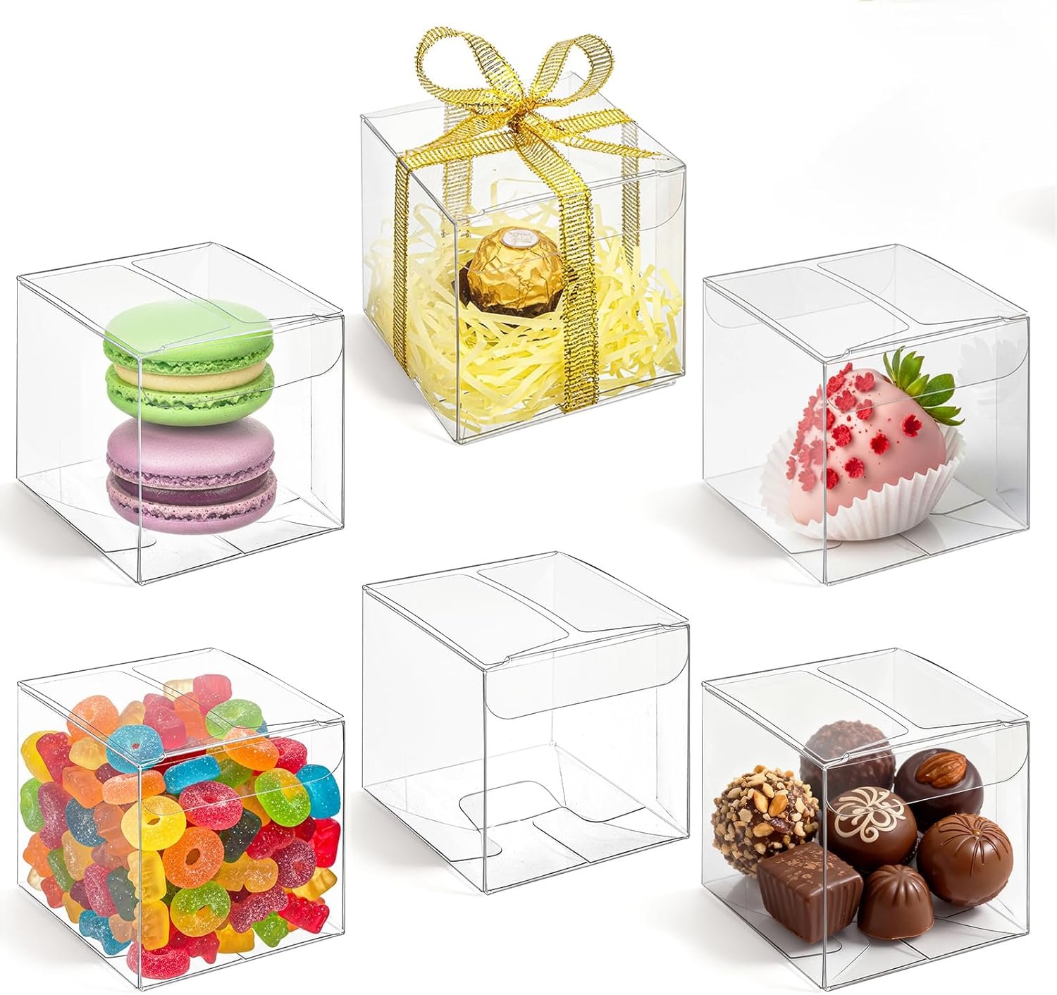 Marchio Bianco Scatoline Trasparenti 2x2x2 Pollici Confezione da 120 con Nastri per Bomboniere Caramelle Macaron Matrimoni Compleanni Baby Shower con Logo Personalizzato dal Produttore