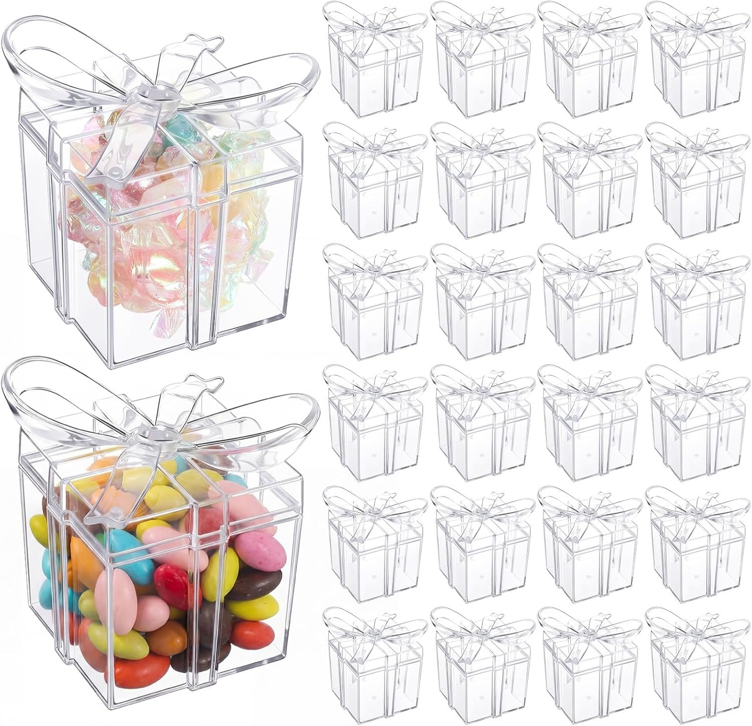 Marchio Bianco Scatoline Trasparenti in Acrilico con Coperchio a Fiocco 24 Pezzi 2 x 2 x 2.3 pollici per Bomboniere Matrimonio Baby Shower Compleanno Logo Personalizzato dal Fornitore