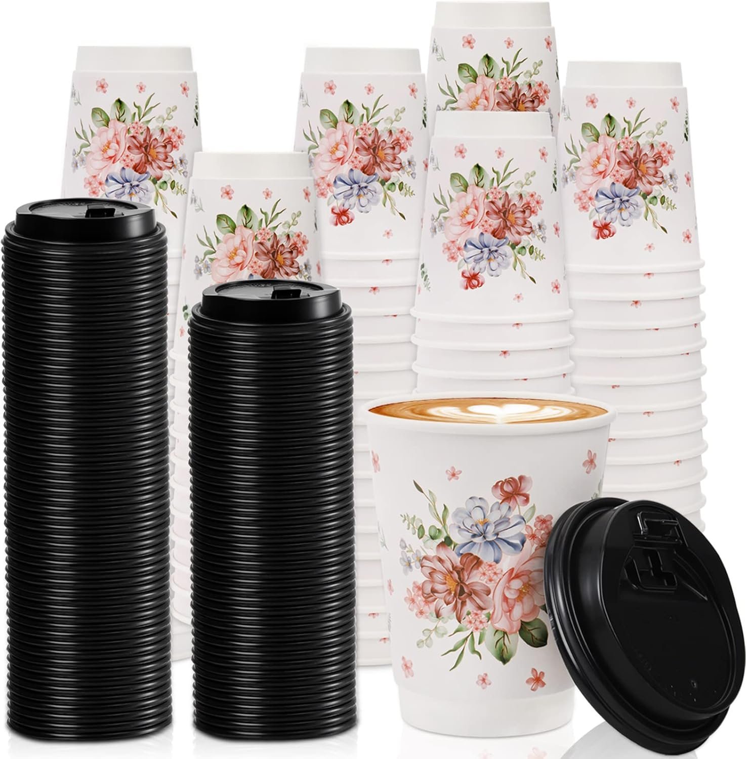 Marchio Bianco Tazze da Caffè Monouso 80 Pezzi con 100 Coperchi 12 Oz da Asporto con Logo Personalizzato Resistenti Isolanti per Ufficio Ricevimenti Nuziali Caffè Ghiacciato Design Floreale Fornitore