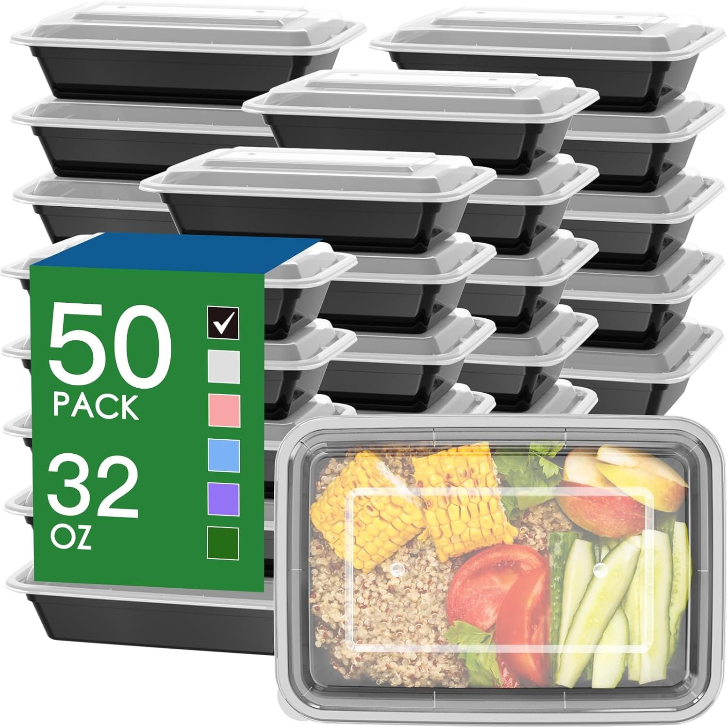 Marchio Bianco Vaschette Preparazione Pasti 32 oz Riutilizzabili Confezione 50 (100 pezzi) Coperchi Apertura Facile Resistenti Tenuta Stagna Idonee Alimenti Microonde Congelatore Lavastoviglie Plastica Nera da Produttore Logo Personalizzato