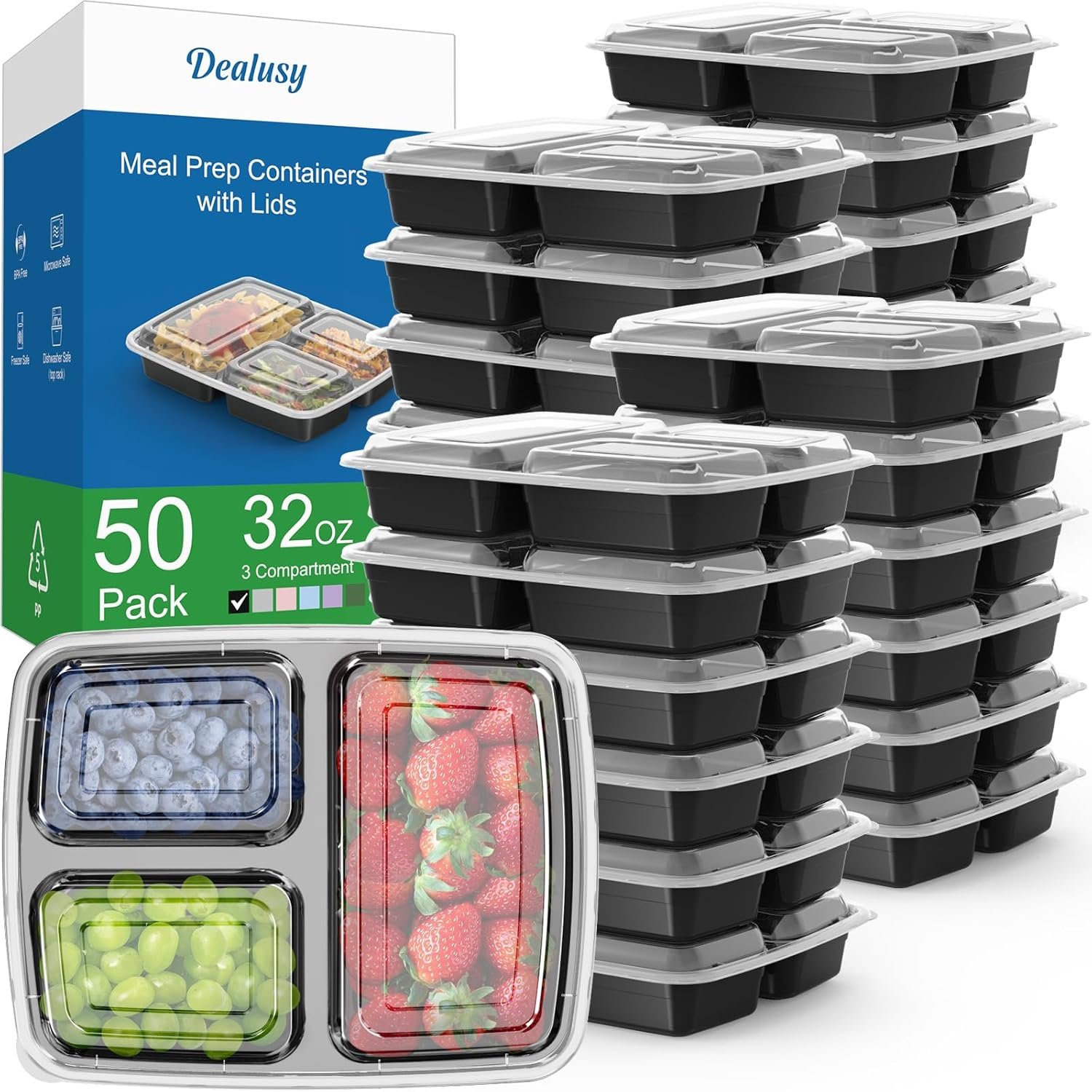 Produttore Contenitori Meal Prep 32 oz Confezione da 50 pz (100 Pezzi) Riutilizzabili con Coperchi a 3 Scomparti e Logo Personalizzato in Plastica da Asporto Robusti a Tenuta Stagna Sicuri per Alimenti Adatti a Microonde Congelatore Lavastoviglie Neri Marchio Bianco