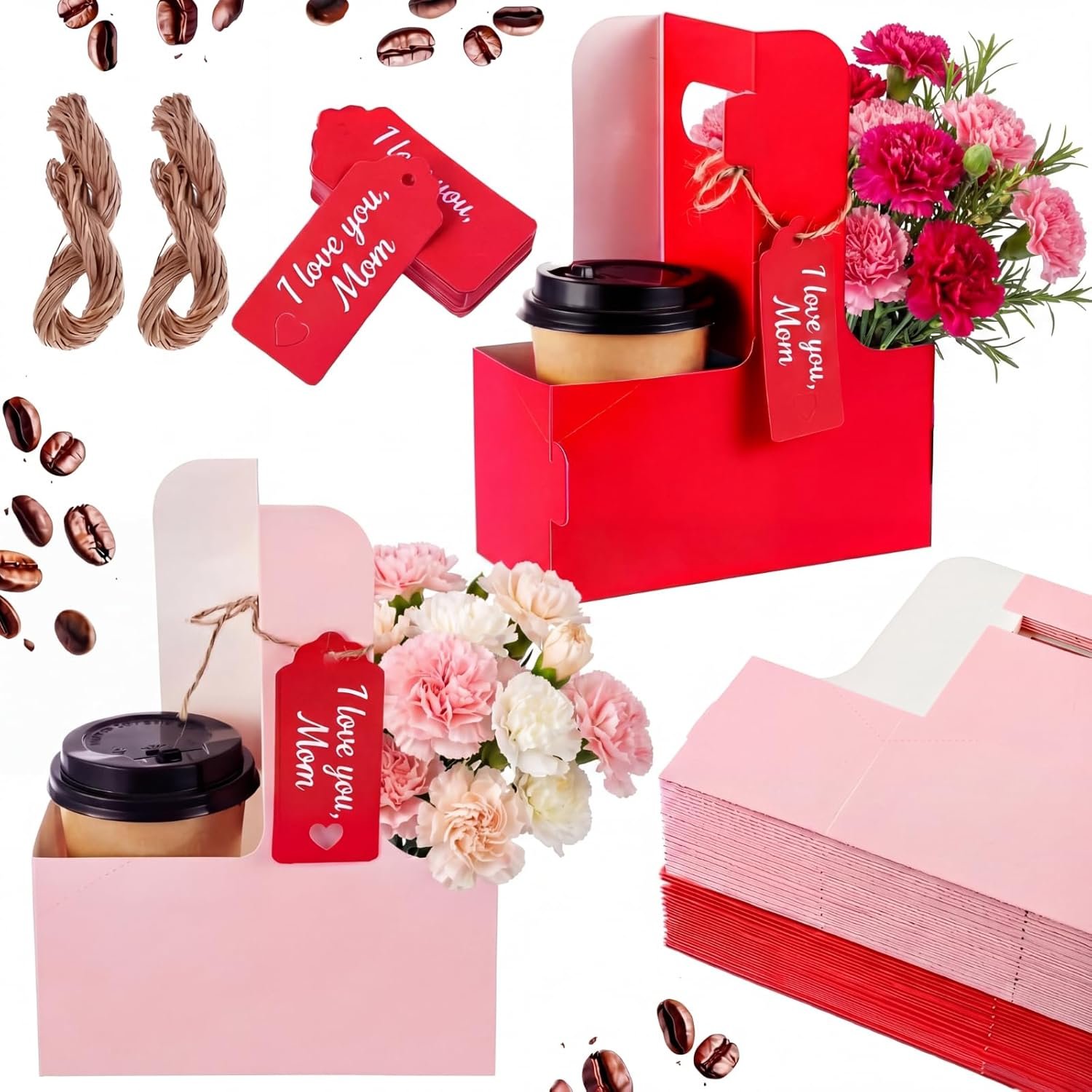 Produttore Portabicchieri per 2 Tazze con Logo Personalizzato Confezione da 50 con Manico in Cartone Kraft Portatile per Bevande Calde e Fredde con Corda e Cartolina Cuore Marchio Bianco (Rosso Rosa)