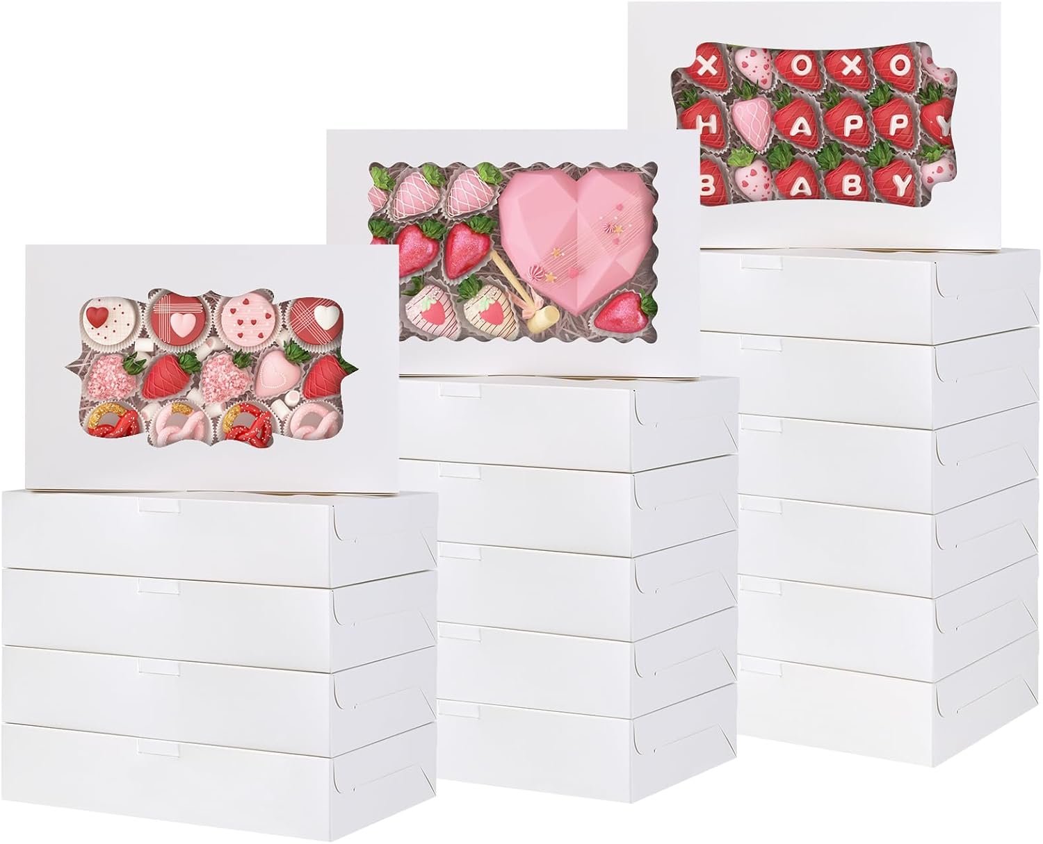 Produttore Scatole Biscotti 60pz 12x8x2.5 Pollici 3 Stili Fragola con Finestra Logo Personalizzato per Caramelle Fragole Cioccolato Torte Muffin Ciambelle Marchio Bianco