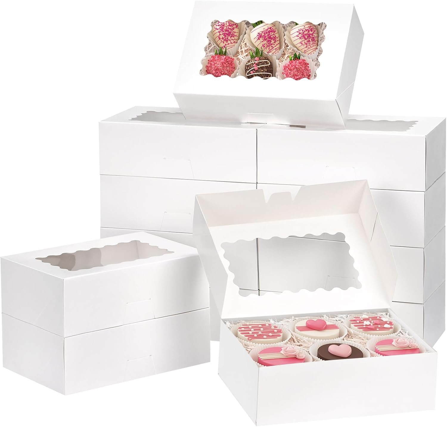 Produttore Scatole Biscotti con Finestra Logo Personalizzato 28 Pz 9x6x3 Pollici Bianche Marchio Bianco per Pasticceria Fragole Cioccolato Muffin Ciambelle