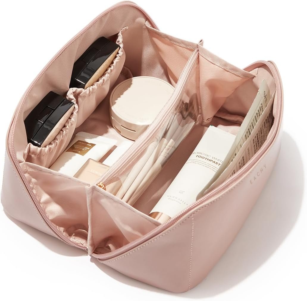 Produttore borse trucco da viaggio con logo personalizzato grande capacità cosmetica per donne impermeabile pelle PU apertura piatta marchio bianco