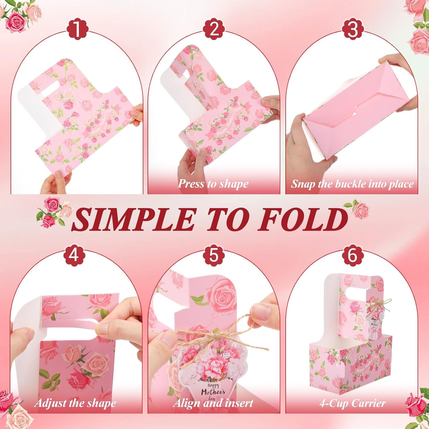 Logo Personalizzato Porta-bevande per 2 Tazze Festa della Mamma con Maniglia Floreale Confezione da 20 Cartone Monouso Biglietto Corda Asporto Bevande Fiori Cibo Marchio Bianco Produttore