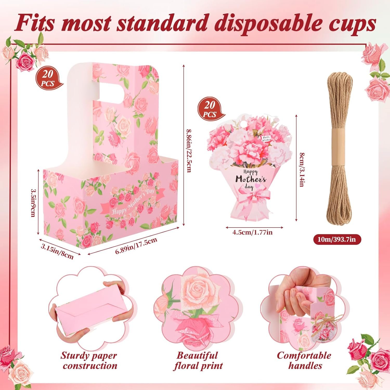 Logo Personalizzato Porta-bevande per 2 Tazze Festa della Mamma con Maniglia Floreale Confezione da 20 Cartone Monouso Biglietto Corda Asporto Bevande Fiori Cibo Marchio Bianco Produttore