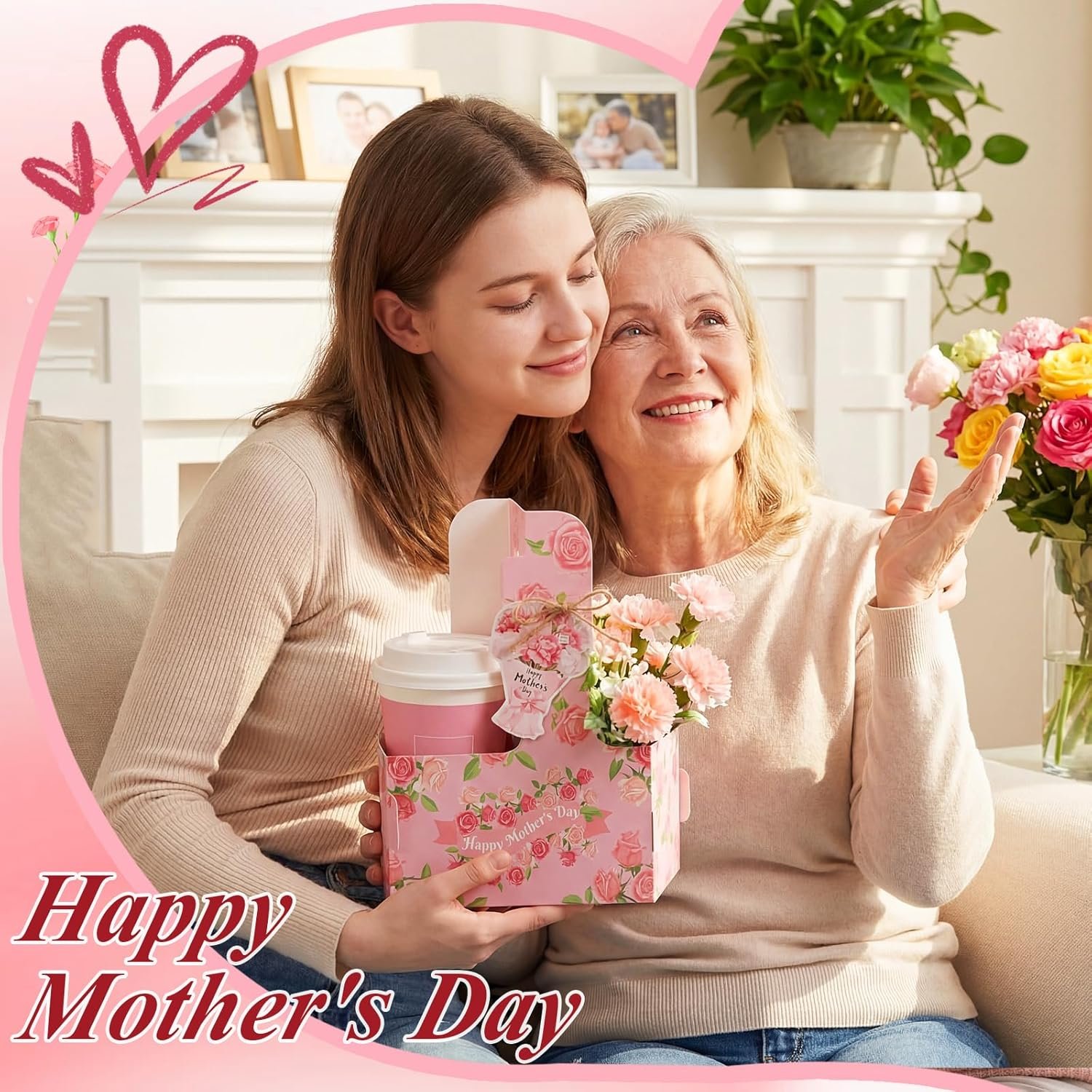 Logo Personalizzato Porta-bevande per 2 Tazze Festa della Mamma con Maniglia Floreale Confezione da 20 Cartone Monouso Biglietto Corda Asporto Bevande Fiori Cibo Marchio Bianco Produttore