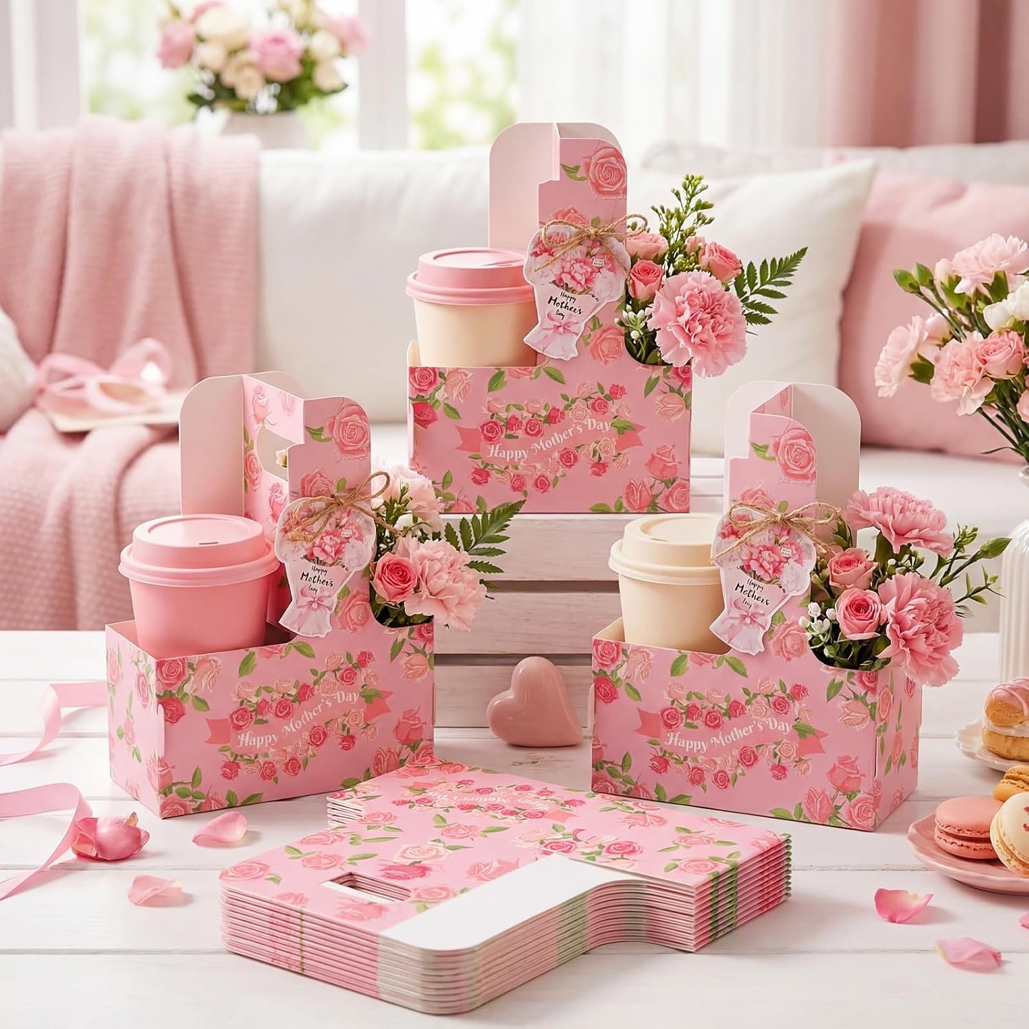 Logo Personalizzato Porta-bevande per 2 Tazze Festa della Mamma con Maniglia Floreale Confezione da 20 Cartone Monouso Biglietto Corda Asporto Bevande Fiori Cibo Marchio Bianco Produttore