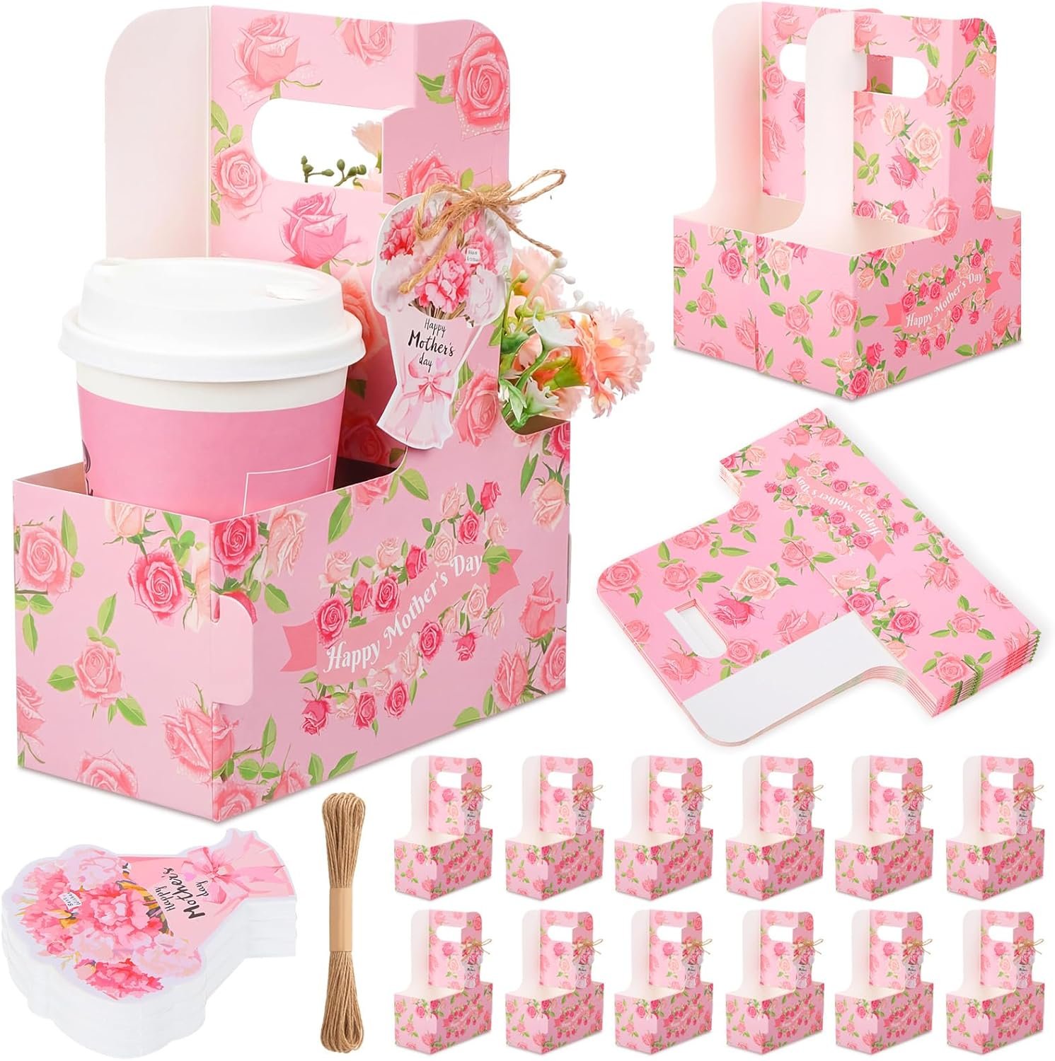 Logo Personalizzato Porta-bevande per 2 Tazze Festa della Mamma con Maniglia Floreale Confezione da 20 Cartone Monouso Biglietto Corda Asporto Bevande Fiori Cibo Marchio Bianco Produttore