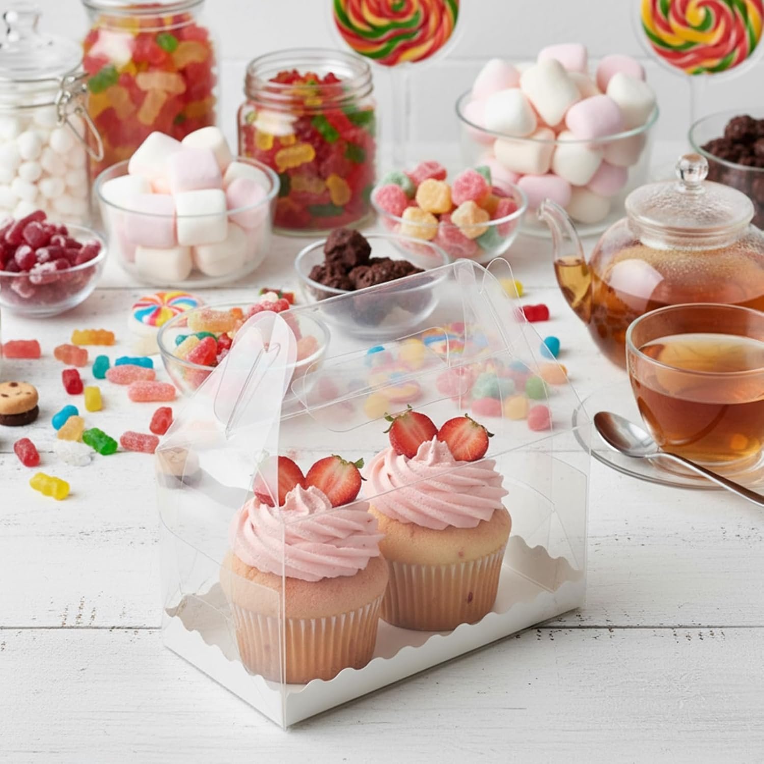 Produttore Scatole Regalo Trasparenti a Bustina con Logo Personalizzato 40 pz 6.4 Pollici Plastica con Manico per Pasticceria Dolci Feste Compleanno Matrimonio Baby Shower Marchio Bianco