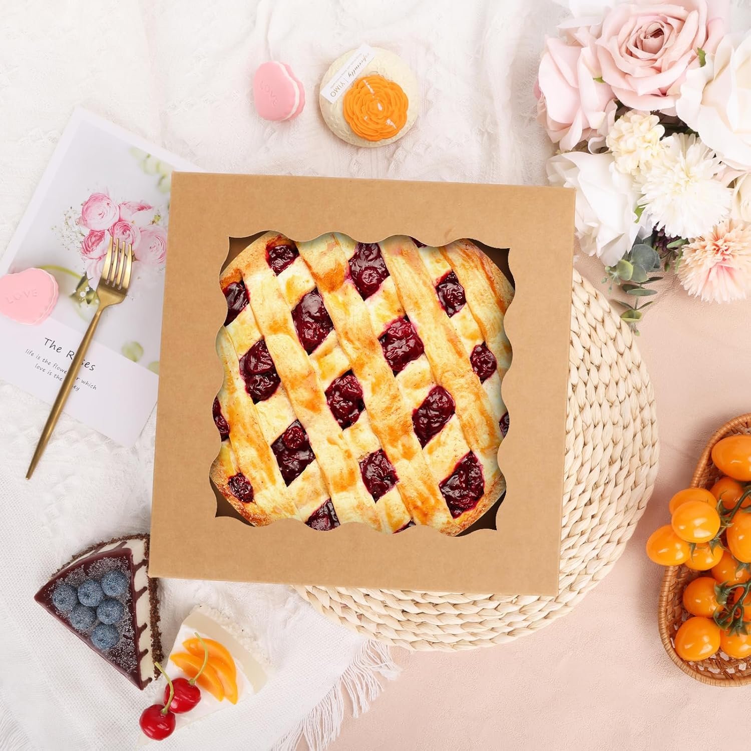Marchio Bianco Scatole per Crostate 38 pz 10x10x2.5 Pollici Auto-Popup con Finestra per Biscotti Dolci Torte Crostate Fragole Ricoperte di Cioccolato Macarons Donuts Muffins con Logo Personalizzato dal Produttore