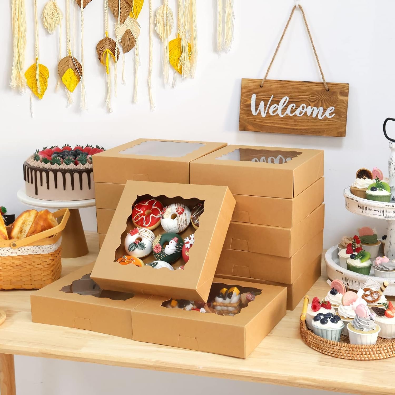 Marchio Bianco Scatole per Crostate 38 pz 10x10x2.5 Pollici Auto-Popup con Finestra per Biscotti Dolci Torte Crostate Fragole Ricoperte di Cioccolato Macarons Donuts Muffins con Logo Personalizzato dal Produttore
