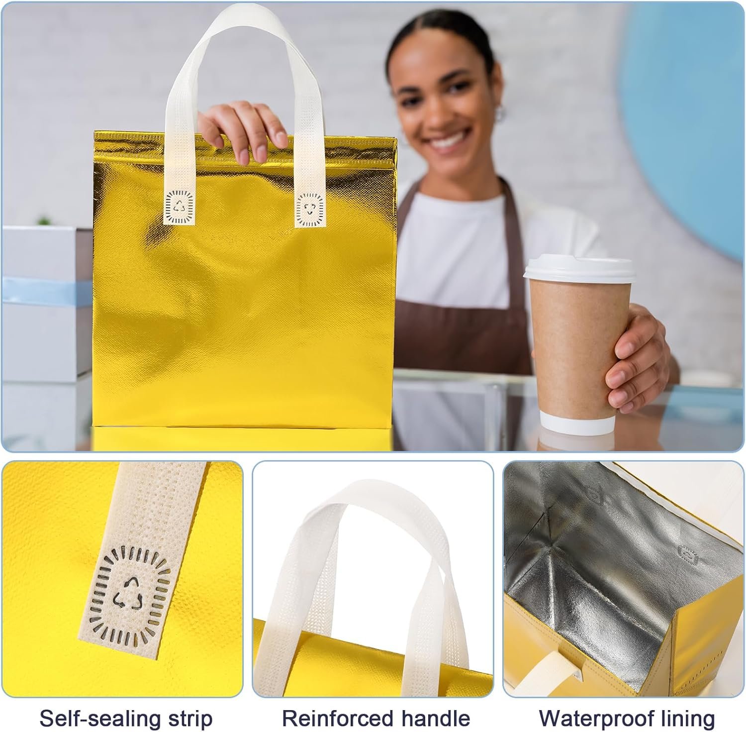 Marchio Bianco Borse Termiche Isolanti Dorate 100 Pz all'Ingrosso con Logo Personalizzato per Consegne Cibi Caldi Freddi Caffè Pizza Ristoranti dal Fornitore