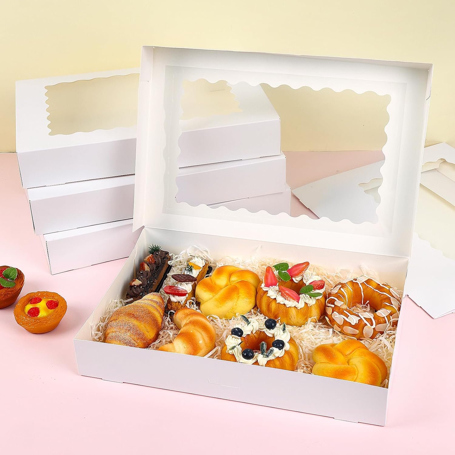 Logo Personalizzato 25 pz Scatole per Biscotti con Finestra 16x11x2.5in Marchio Bianco Grandi Auto-Popup per Dolcetti Dessert Fragole Ricoperte di Cioccolato Torte Muffin Donuts del Produttore