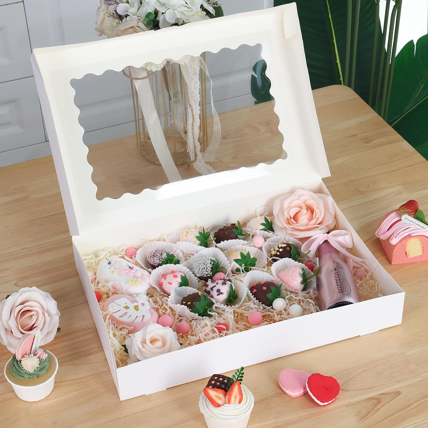 Logo Personalizzato 25 pz Scatole per Biscotti con Finestra 16x11x2.5in Marchio Bianco Grandi Auto-Popup per Dolcetti Dessert Fragole Ricoperte di Cioccolato Torte Muffin Donuts del Produttore