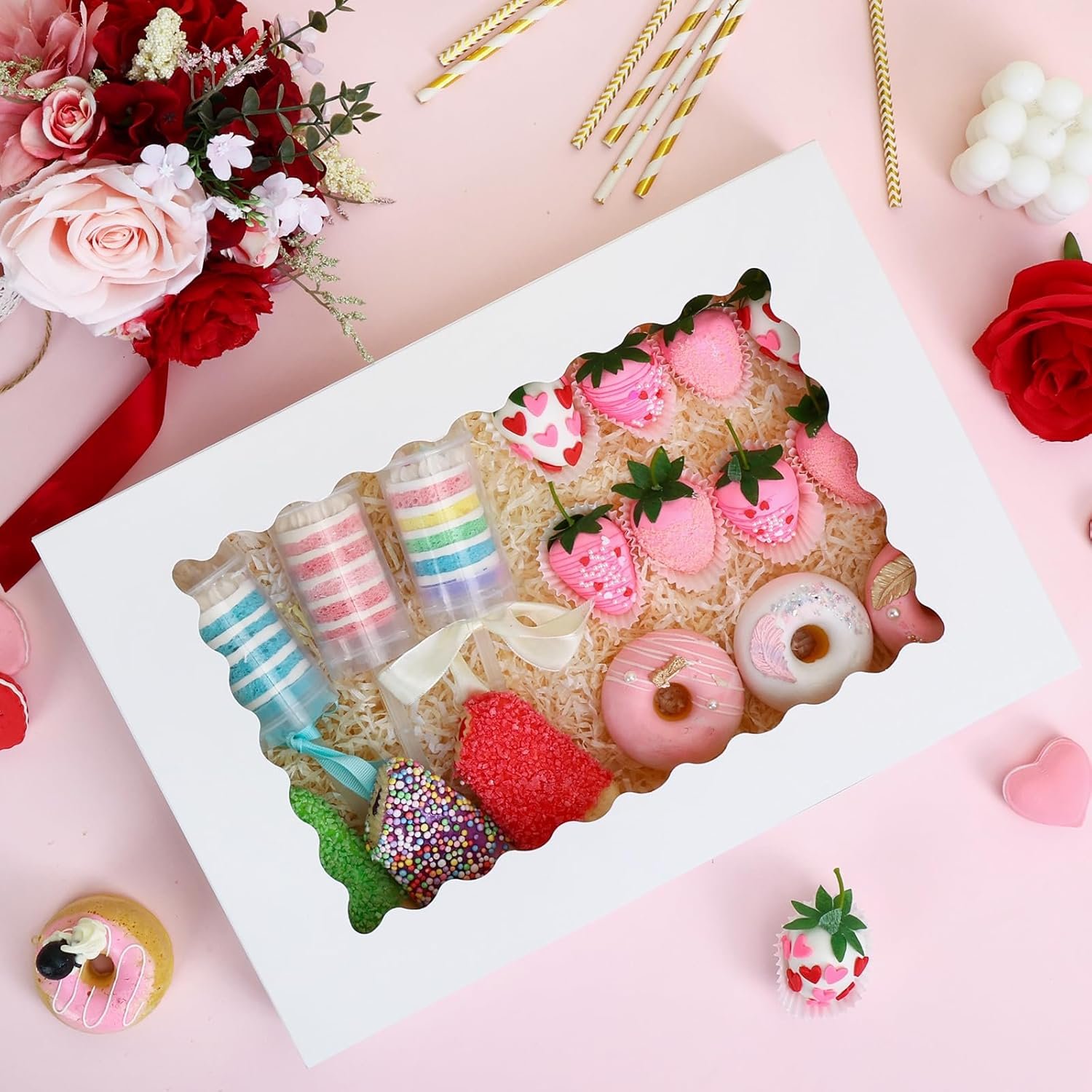 Logo Personalizzato 25 pz Scatole per Biscotti con Finestra 16x11x2.5in Marchio Bianco Grandi Auto-Popup per Dolcetti Dessert Fragole Ricoperte di Cioccolato Torte Muffin Donuts del Produttore