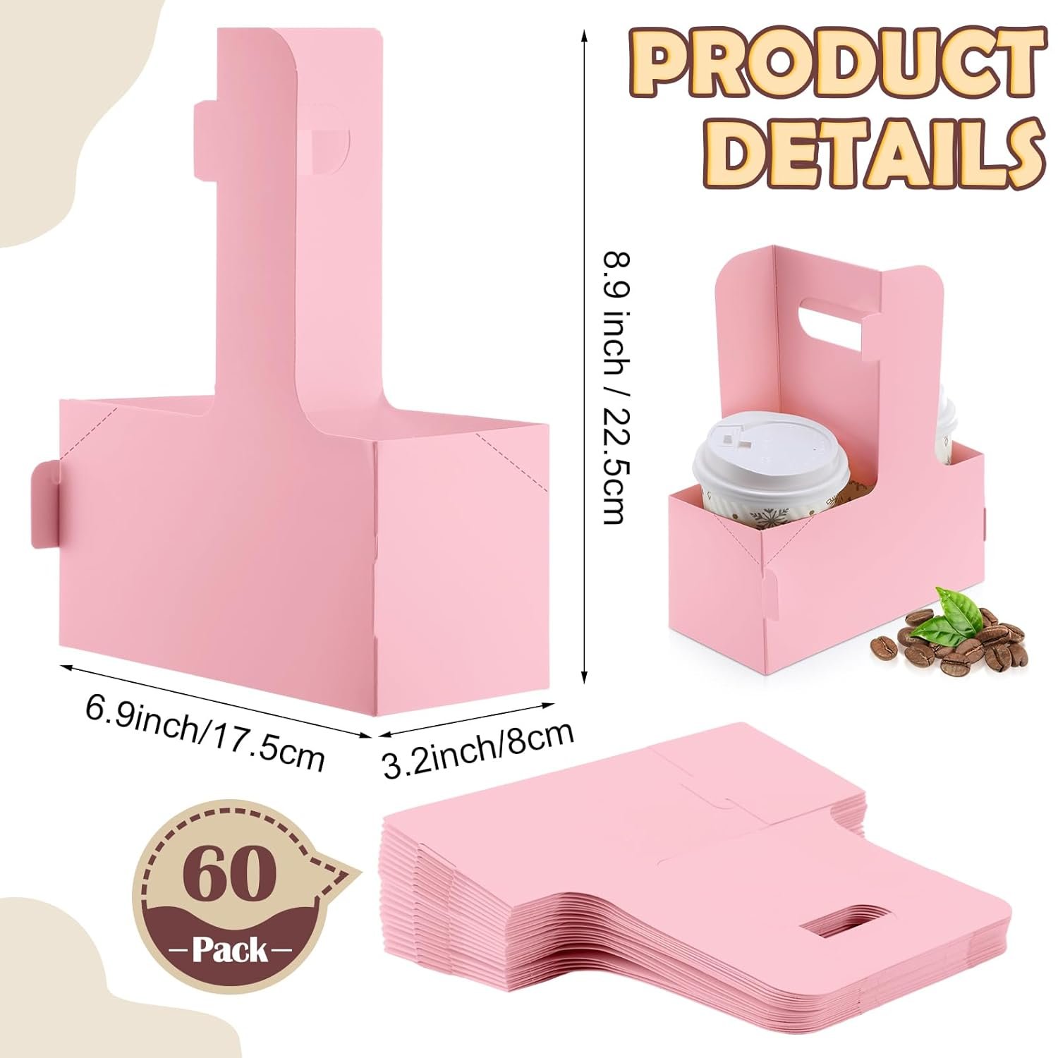 Produttore Portabevande 2 Bicchieri con Maniglia 60 Pezzi 17,5 x 8,1 x 22,6 cm con Logo Personalizzato Cartone per Bevande Calde Fredde Takeaway Caffè Ristoranti Matrimoni Consegne Marchio Bianco Rosa