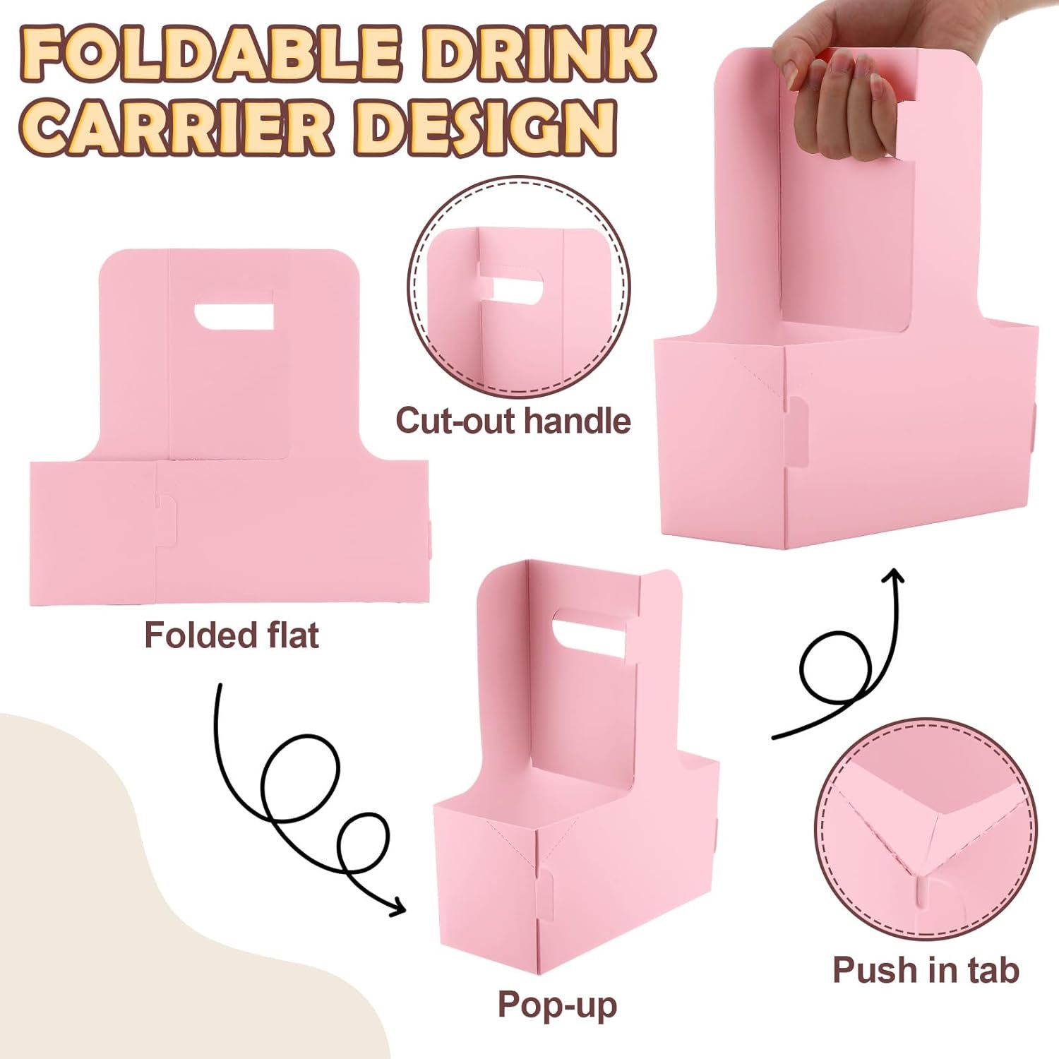 Produttore Portabevande 2 Bicchieri con Maniglia 60 Pezzi 17,5 x 8,1 x 22,6 cm con Logo Personalizzato Cartone per Bevande Calde Fredde Takeaway Caffè Ristoranti Matrimoni Consegne Marchio Bianco Rosa