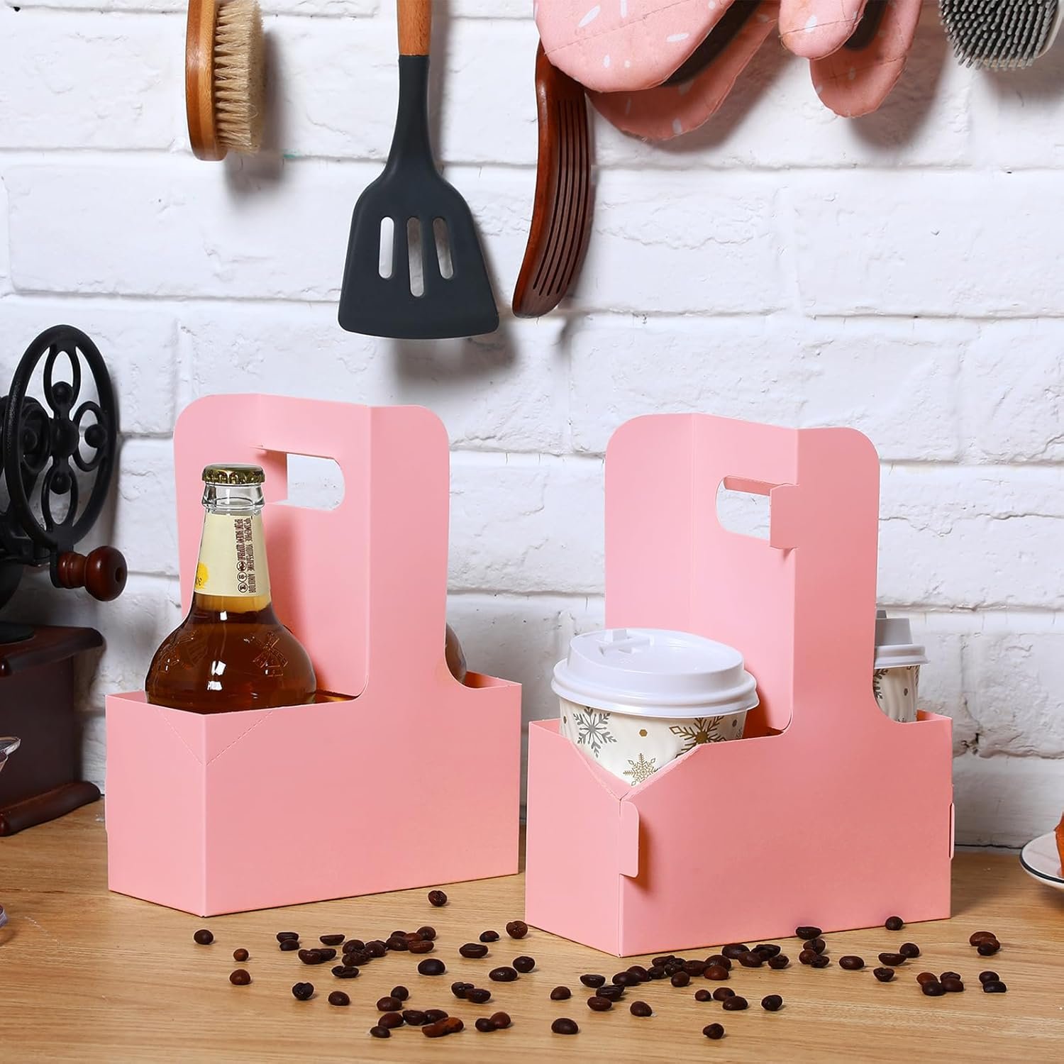 Produttore Portabevande 2 Bicchieri con Maniglia 60 Pezzi 17,5 x 8,1 x 22,6 cm con Logo Personalizzato Cartone per Bevande Calde Fredde Takeaway Caffè Ristoranti Matrimoni Consegne Marchio Bianco Rosa