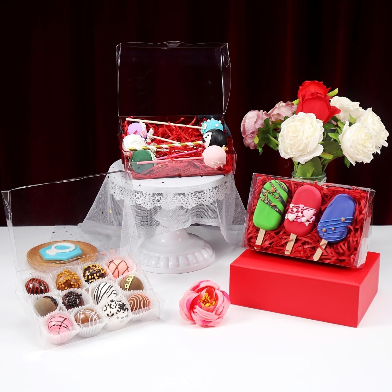Marchio Bianco Scatole per Biscotti in Plastica Trasparente con Finestra 24 Pezzi 7x4.3x1.5 Pollici Logo Personalizzato per Cioccolato Tartufi Pasticceria Donuts Brownie Sapone Bomboniere Matrimoni Natale San Valentino dal Produttore