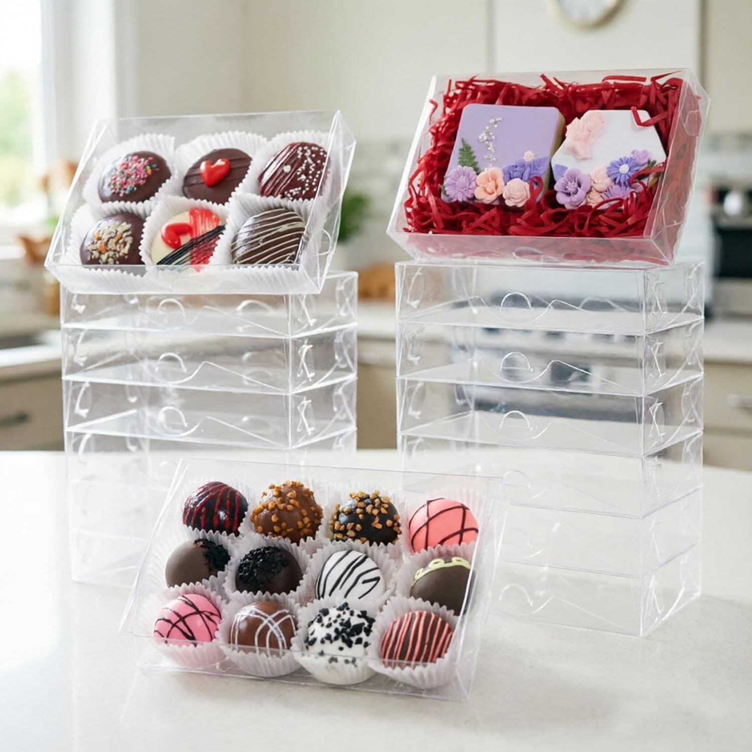 Marchio Bianco Scatole per Biscotti in Plastica Trasparente con Finestra 24 Pezzi 7x4.3x1.5 Pollici Logo Personalizzato per Cioccolato Tartufi Pasticceria Donuts Brownie Sapone Bomboniere Matrimoni Natale San Valentino dal Produttore