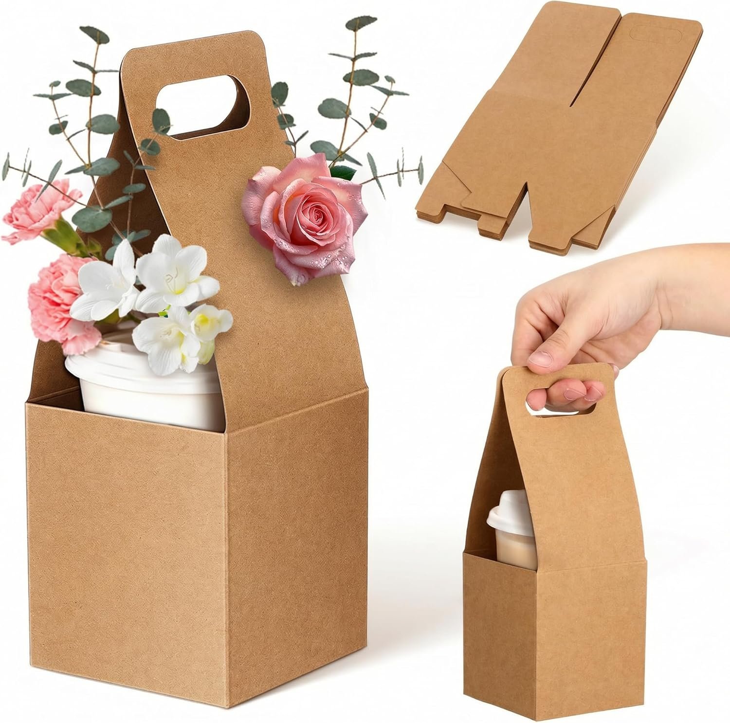 Marchio Bianco Confezione da 10 Portatazza Monouso con Maniglia in Cartone per Tazza Singola Caffè Tè Caldo o Freddo, Portabevande Portatile con Logo Personalizzato per Bouquet Fiori Consegne Cibo dal Produttore