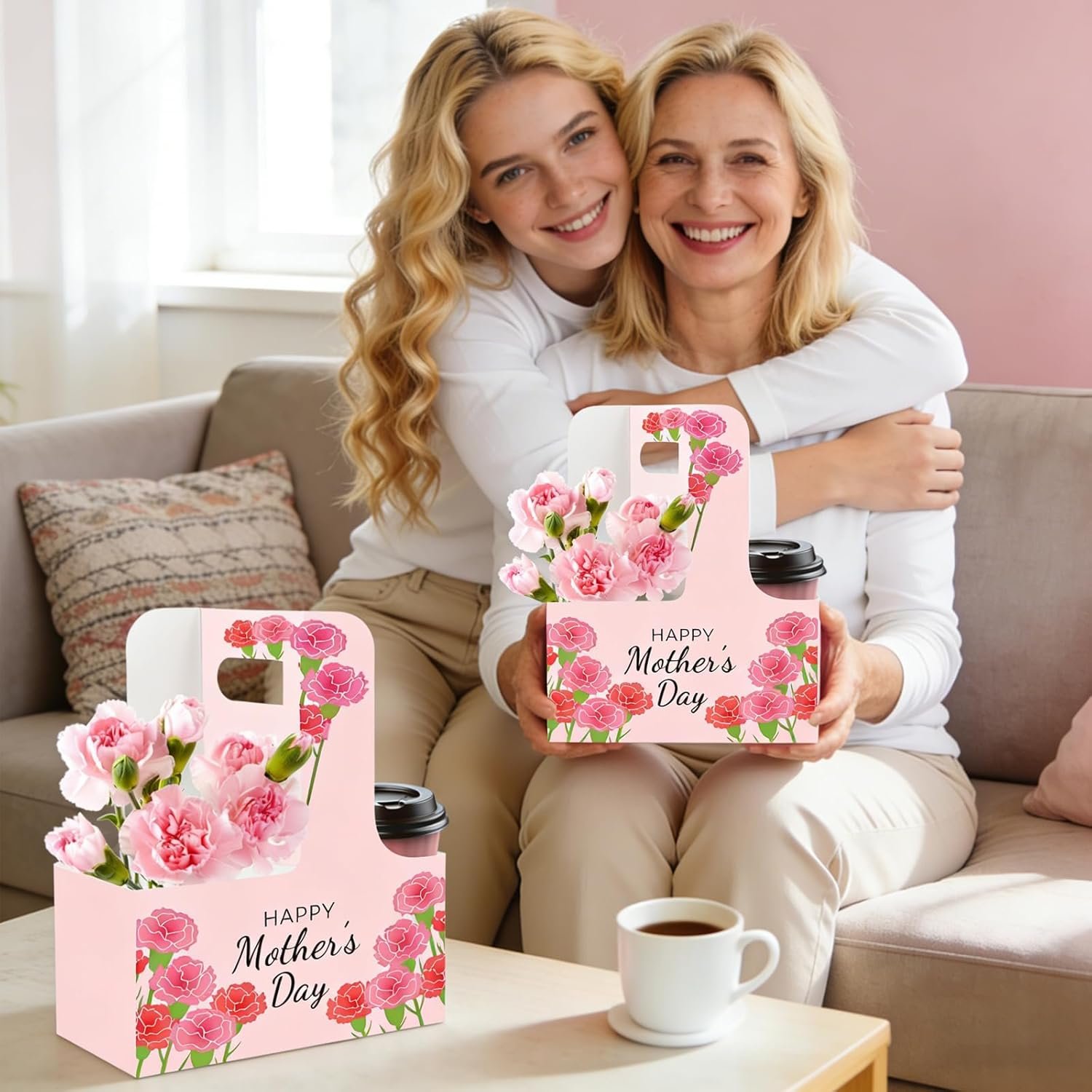 Fornitore Portabicchieri 2 Bicchieri con Maniglia Cartone Kraft Logo Personalizzato Confezione da 46 Portatile per Bevande Calde Fredde Festa della Mamma Insegnanti Marchio Bianco