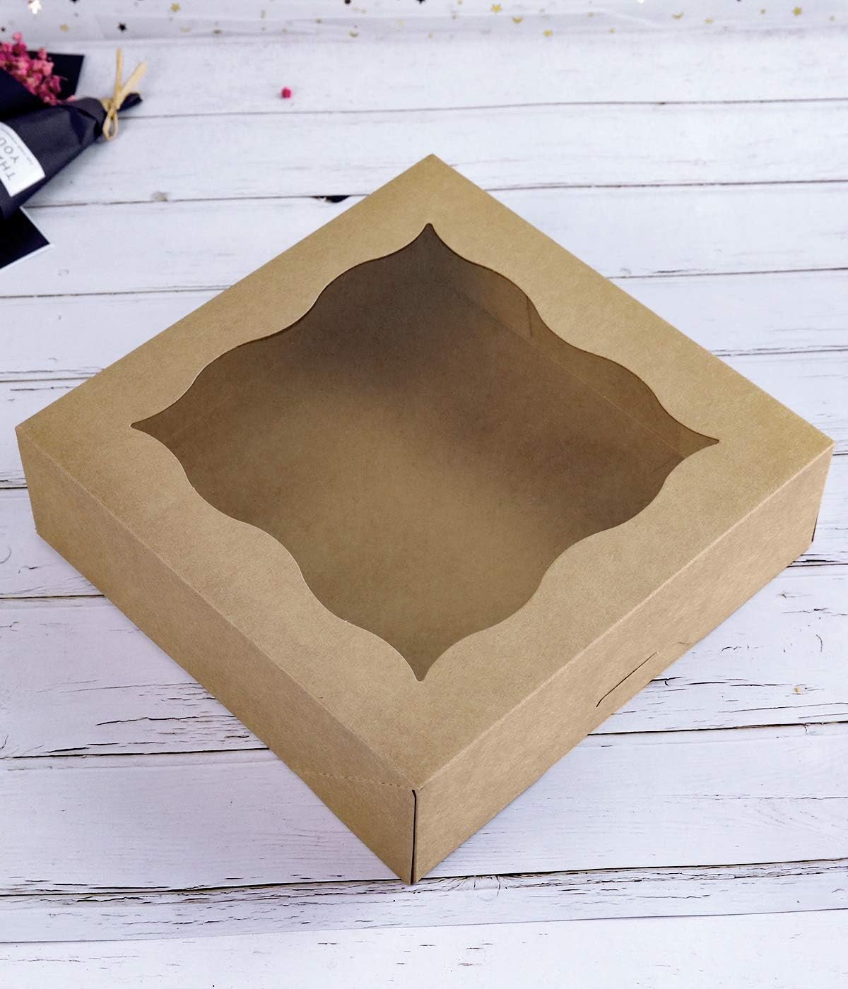 Produttore di Scatole per Torte e Biscotti 10x10x3 pollici Marrone con Finestra PVC Carta Kraft Naturale Logo Personalizzato Confezione da 15 Marchio Bianco