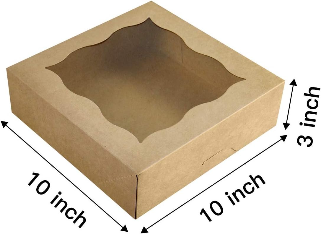 Produttore di Scatole per Torte e Biscotti 10x10x3 pollici Marrone con Finestra PVC Carta Kraft Naturale Logo Personalizzato Confezione da 15 Marchio Bianco